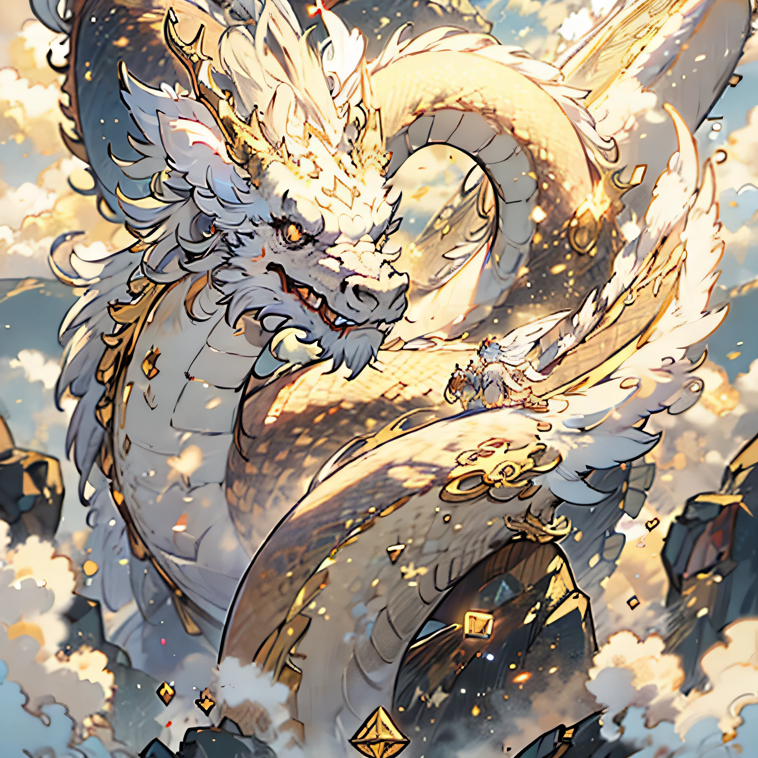 ((best quality)), ((masterpiece)), (detailed), (best quality,4k,8k,highres,masterpiece:1.2),ultra-detailed, heavenly, divine powers, chinese dragon with white scales adorned with gold, glowing eyes, mystical and powerful presence, open sky, magical atmosphere, natural lighting, majestic, jrpg style, jrpg art, angel wings, glowing outline,