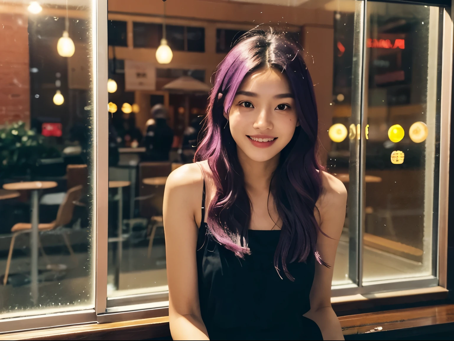 1girl, a long light purple hair woman sitting by the window of a coffee shop and drinking coffee. freckle, tooth braces, night, hong kong, neon sign, (smile:1.2), the photographer walking down the street looked beautiful and took pictures of her outside the window, snapshot, street photography, (face that visible through the glass:1.3), dark, low light, low key