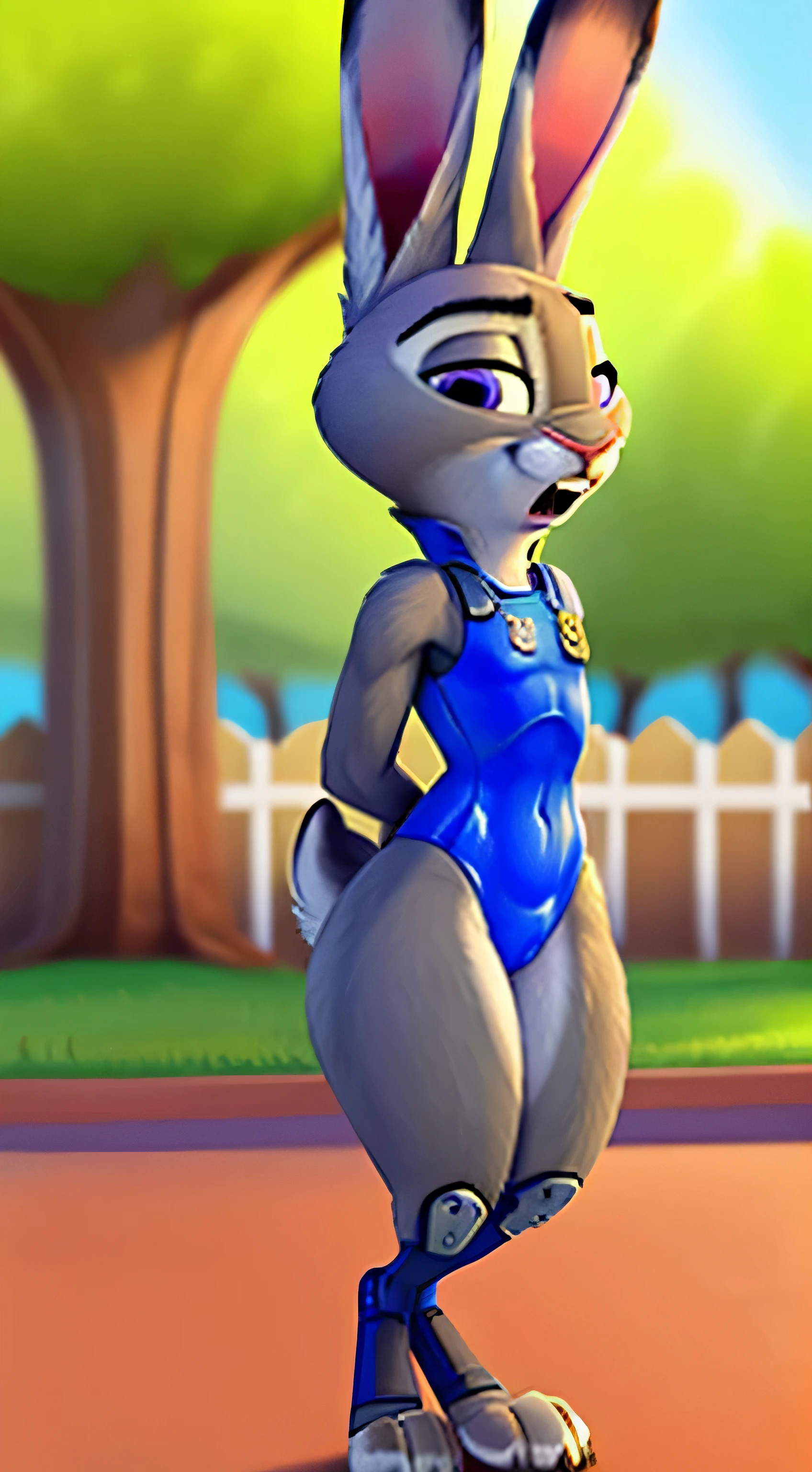 Disney, Zootopia, Judy Hopps, rabbit, female, animal, mammal, furry, rabbit head, rabbit ears, gray ears, gray fur, gray color, white belly, white chin, gray arms, gray hands, gray legs rabbit, gray legs, rabbit feet, gray feet, wide hips, small breasts, rabbit tail, short tail, tight leotard, black leotard