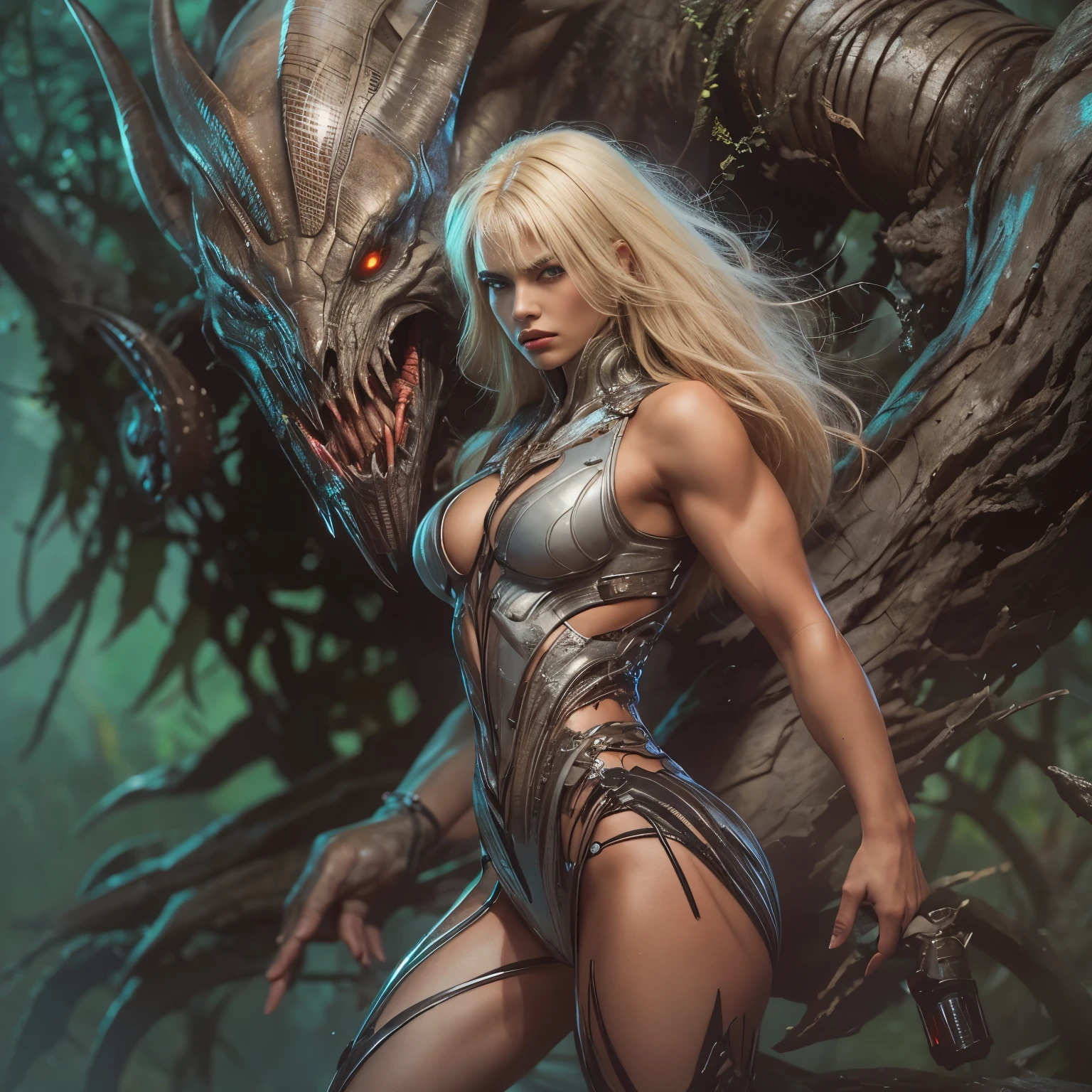 1 female alien, The predator, warrior, (extremely beautiful:1.2), (intense gaze:1.4), (predator:1.1), long dark claws, NSFW, nipples, thick eyebrows, glowing and shining orange eyes, the most beautiful face in the universe, platinum blonde,
A woman with an extremely beautiful face, her intense gaze fixed on her prey, a primal force that could not be denied.
(extreamly beautiful lean body:1.5), (ultra muscular build:1.2), (prowling:1.3), (sleek movements:1.4),
Her beautiful body, muscular and toned, moved with sleek grace as she prowled, ready to strike at a moment's notice. The predator within her was always on