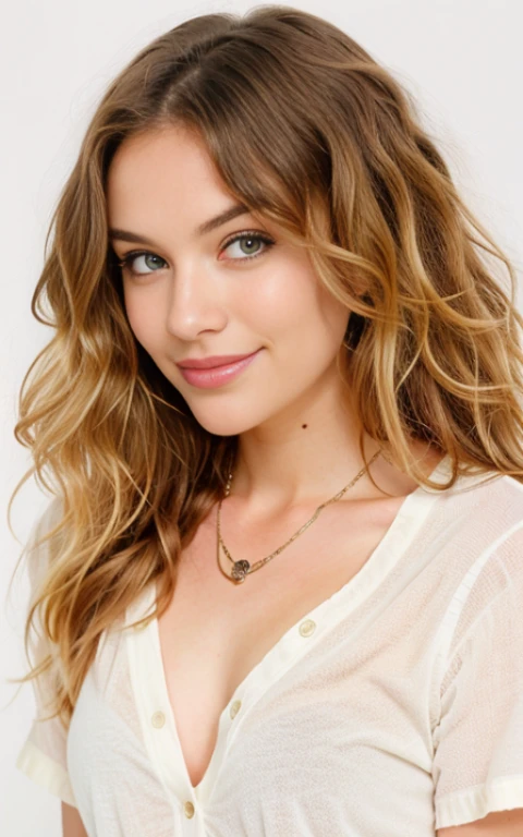 1 girl, 21, alone, big curly hair, Innocent looking., look at viewer, blonde hair, brown eyes, decorations, full body, necklace, Wear a light beige shirt., , Charming smile, realistic, , Filmed on a Canon, 85 mm, white transparent background
