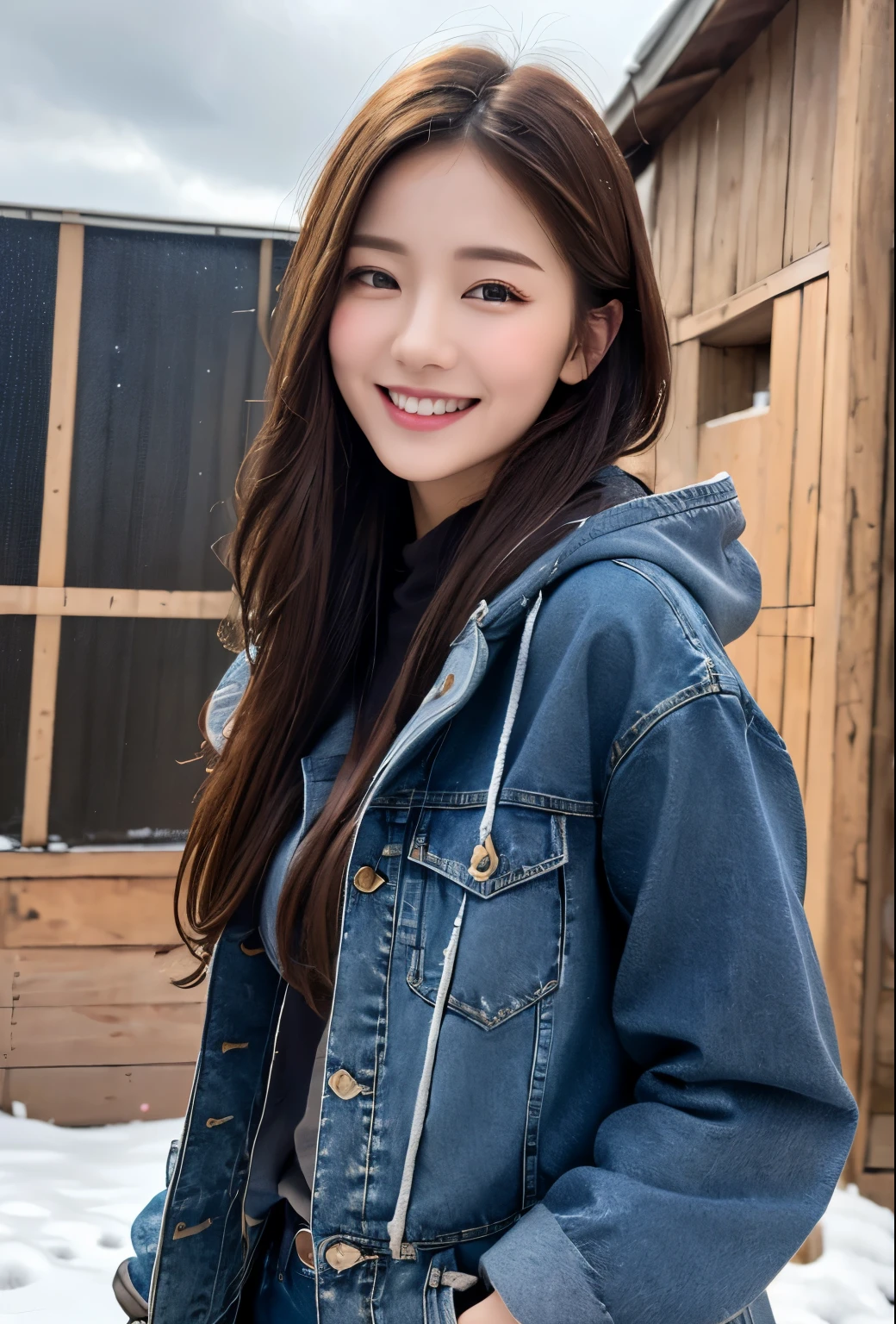 (8k, highest quality, masterpiece: 1.2), (realistic, photorealistic: 1.37), Super detailed, single girl, cute, alone, beautiful and detailed sky, snow scene, walking, jeans and boots, (smile: 1.15), small breasts (closed your mouth), beautiful small eyes, Floating hair NovaFrogStyle, hooded coat