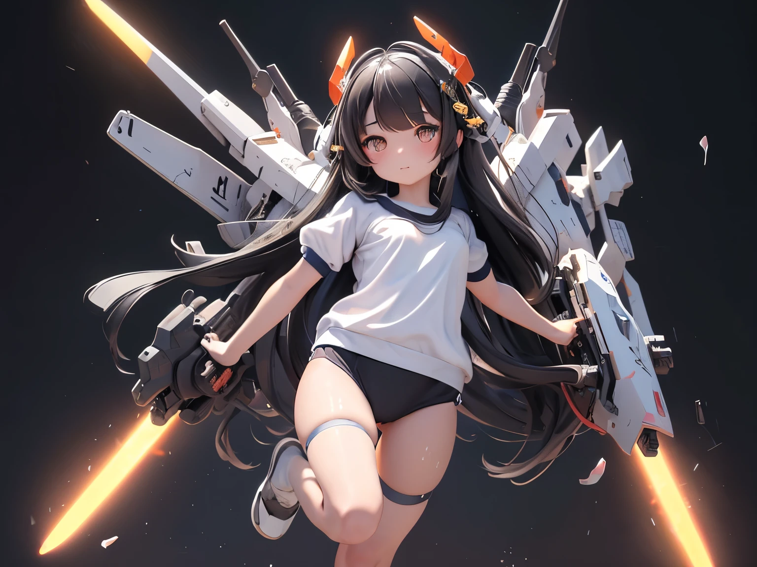 (highest quality)), ((masterpiece)), (very detailed: 1.3), 3D, {(1 young girl)}, (wear navy buruma and white gym uniform with colored hem under armor:1.2), (black hair:1.5), wears a futuristic Gundam mecha,(heavy armored Gundam), with headgear, with v-fin , armored shoulders,armored under arms, armored under legs, short sleeve, attached 2 huge weapons on arms, legs mounted weapon module, multilayer textureperfect proportions, octane rendering, duotone lighting, Low ISO, wide aperture, White balance, Rule of thirds, ultra HD16k, HDR (High Dynamic Range), Ray Tracing, NVIDIA RTX, Super Resolution, Subsurface Scattering, PBR Texturing, Post Processing, Anisotropic Filtering, Depth of Field, Maximum Clarity and Clarity, High efficiency subpixel, subpixel convolution, particles of light, light scattered, Tyndall effect,  In battle, cute, (cute:1.2), (long hair:1.3),太い眉毛, 薄い色の虹彩, 大きくて輝いている黒い瞳, 長いまつげ, 小さく薄い色の自然な唇, (Average face of Japanese idols), (日本人特有の童顔:1.3), (baby face), 広いおでこ:1.2, ふっくらした頬, 小さな顎, in the hangar,looking at viewer,Focus on the eyes 