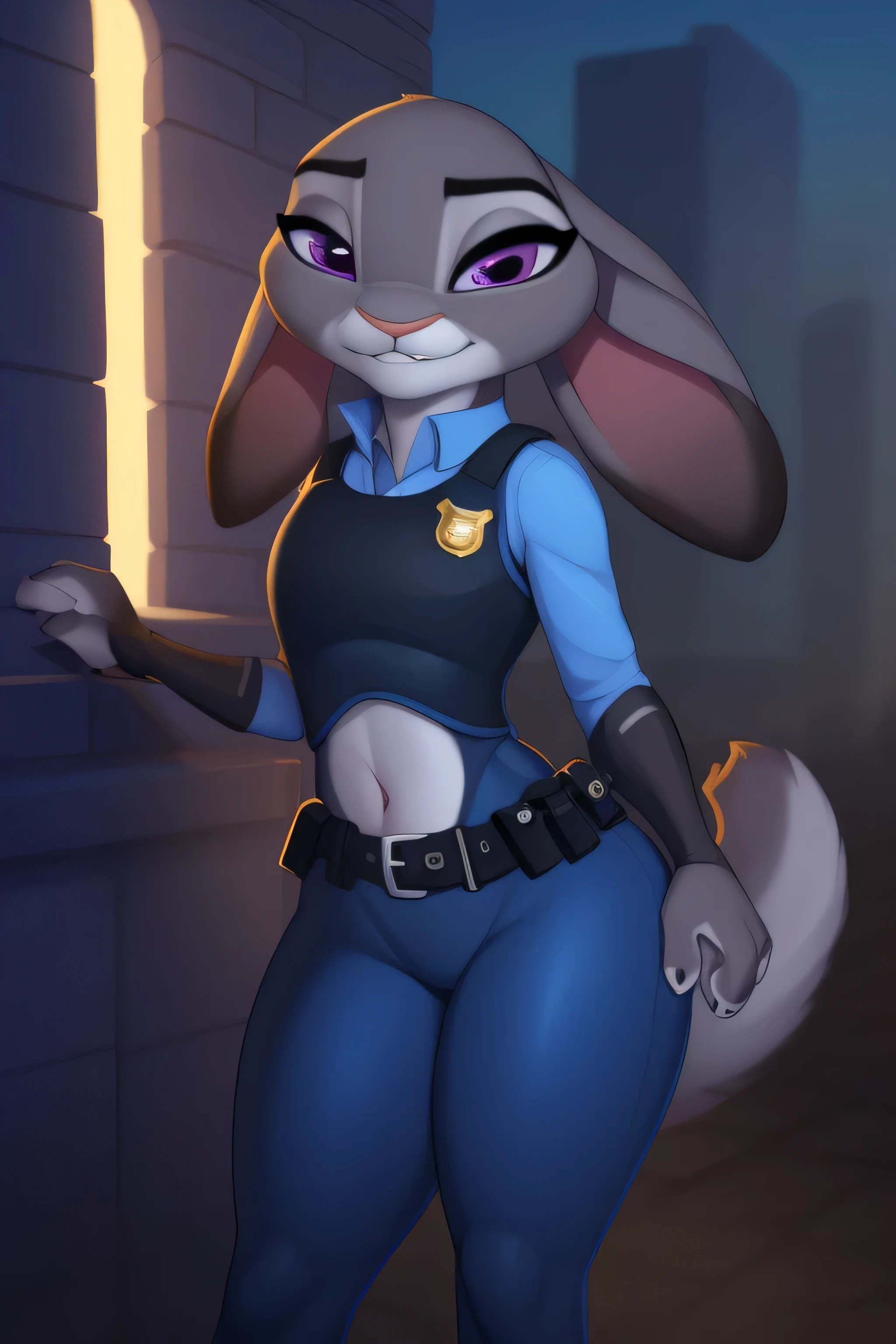 melhor qualidade, obra-prima, solo, 1girl, JudyHopps,(arte peluda, carregada em e621:1.4), (obra-prima:1.3), (melhor qualidade:1.2),(2D:1.0), ( (illustation:1.0), (Sharp:1.2), (night_environment), police uniform, coxa grossas, cintura fina, seios pequenos, (contorno do mamilo), (dedo de camelo), (olhando lascivamente para o espectador), 1girl