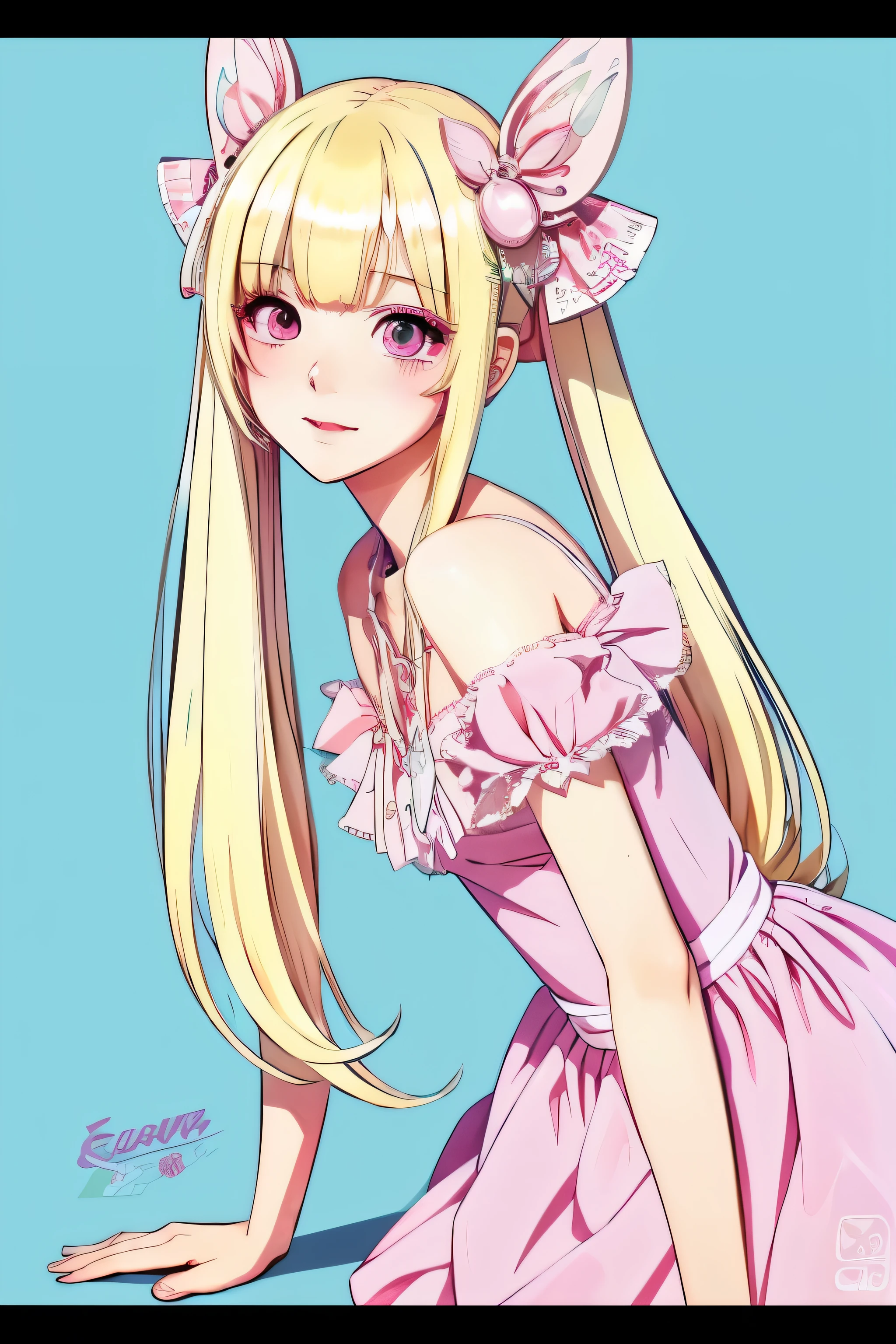 Drawing of a girl with blonde hair and a pink dress, anime picture:Ei-Q, pixiv contest winner, folk art, stop 4 *, anime style, pink twintail hair and cyan eyes, ( ( stop 4 # ) ), anime girl, in anime style, stop 4,
