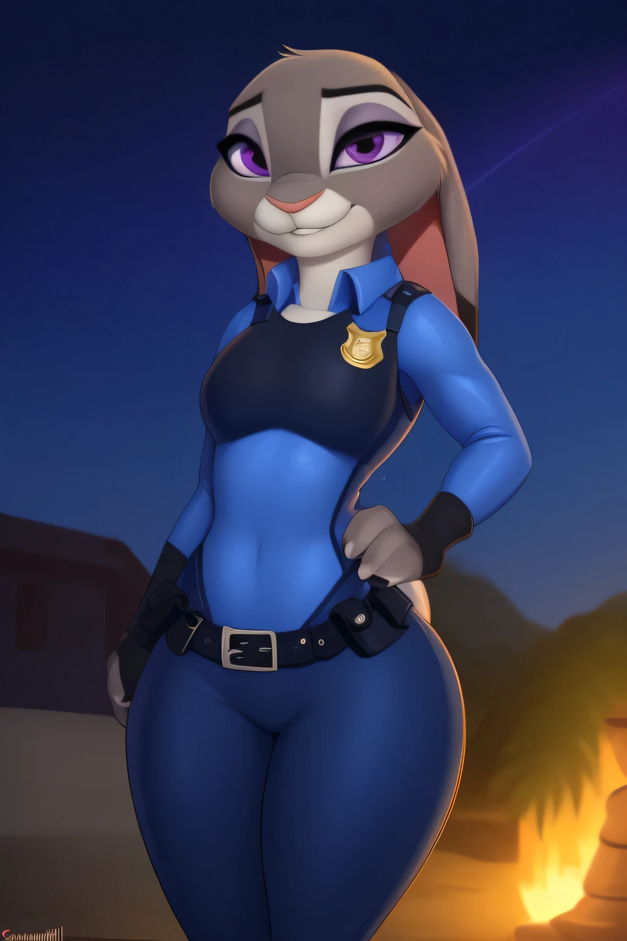 melhor qualidade, obra-prima, solo, 1girl, JudyHopps,(arte peluda, carregada em e621:1.4), (obra-prima:1.3), (melhor qualidade:1.2),(2D:1.0), ( (illustation:1.0), (Sharp:1.2), (night_environment), police uniform, coxa grossas, cintura fina, seios pequenos, (contorno do mamilo), (dedo de camelo), (olhando lascivamente para o espectador), 1girl, full body