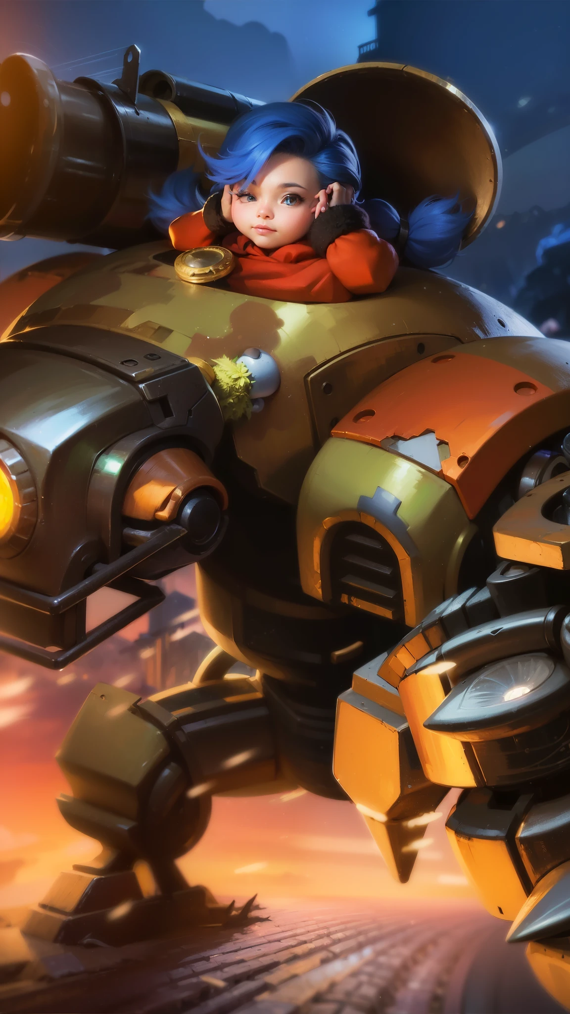best quality, (semirealism:1.9), beautiful lighting, (extremely detailed CG unity 4k fhd wallpaper), High Detail, Sharp focus, dramatic outdoors, blue short hair, there is a woman riding a giant robot with a light on, orianna, teemo, bastion game, bastion, bastion from overwatch, inspired by Jules Chéret, league of legends style art, teemo from league of legends, battle chasers, g liulian art style, piltover, official splash art, league of legends art style.