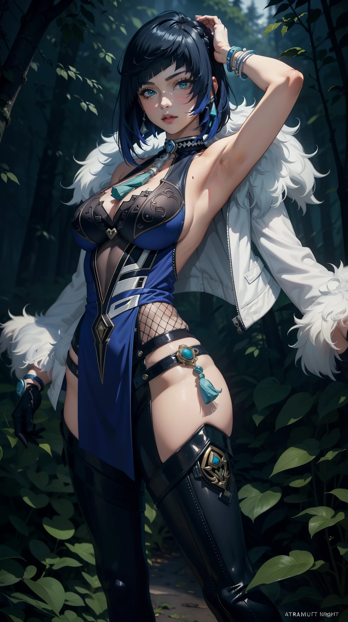 (masterpiece, top quality, best quality, official art, beautiful and aesthetic:1.2), (beautiful face),
extremely detailed, dark vibes,highest detailed, (night forest), (gigantic breast), ((yelandef)),(armpits poses), dynamic poses