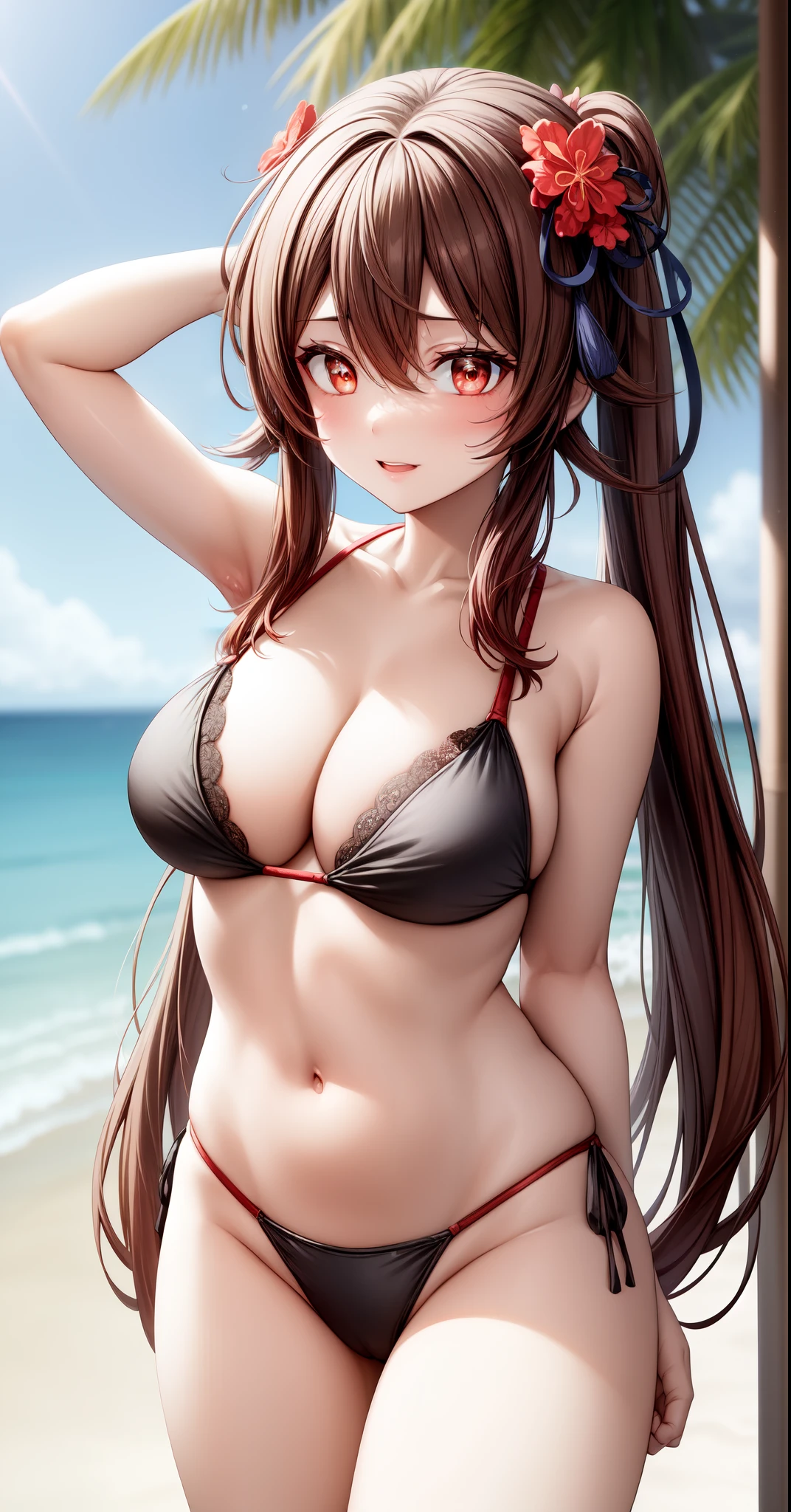 anime, beautiful face, highly detailed face, (2 accurate legs:1.0), red detailed eyes, flower pupils, highly detailed beach background, perfect lighting, best lighting, 1girl, solo, hu tao, genshin impact, outdoors, on the beach, (beautiful brown hair:1.2), absurdres, high res, ultrasharp, 8K, masterpiece, looking at viewer, loving smile, BREAK (detailed sexy beach bikini:1.3), (intricate all lace:1.2), (hands behind head:1.2), (extremely close up:1.2)