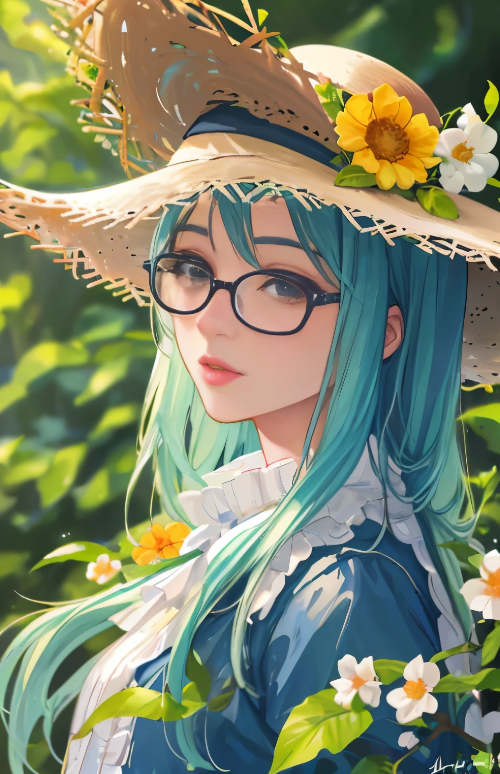 (best quality,4k,8k,highres,masterpiece:1.2),ultra-detailed,(realistic,photorealistic,photo-realistic:1.37),1girl,girl with straw hat,girl with round glasses,beautiful detailed eyes,beautiful detailed lips,extremely detailed eyes and face,long eyelashes,illustration,studio lighting,vivid colors,warm color tone,soft light,background with blooming flowers,lush green garden,summer vibes,melancholic atmosphere