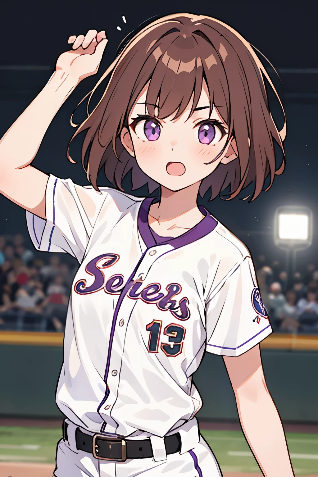 1 girl , short brown hair ,light purple eyes,pitching, pitcher,white baseball shirt , court, powerful pitching,Just speed ball,8K texture , super resolution , looking at the viewer