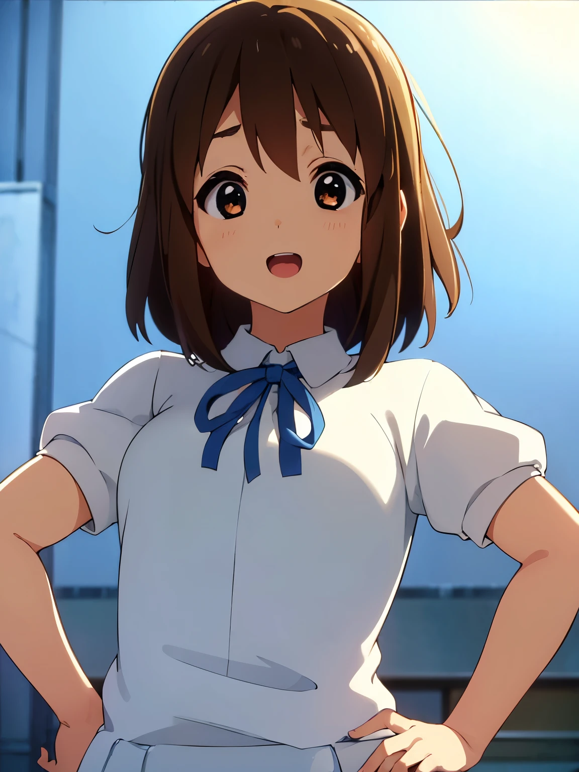 1girl, (((masterpiece))), top-quality, top-quality, High Details, hirasawa yui, 1girl, Sakuragaoka High School Uniform, student clothes, maid cafe uniform, two-yellow hairpin, short hair, A brown-haired, brown-eyed, 独奏, reddish, thin blue ribbon, Solid white buttoned shirt under blazer, illustratio, comic strip, soothing tones, Subdued Color, Soft cinematic light, adobe lightroom, photolab, HDR, intricately and hyper-detailed、(((depth of fields))))。(((masterpiece)))。(((top-quality))).)((ultra-detailliert)))。(((illustratio)))。(((takeout))).dynamic focus.big breasts.(((canteen))).(((A school))).(((Face of happy))). open mouth.(((put hands on the hip))).(((up chest))).((morning glow)).((the setting sun)).