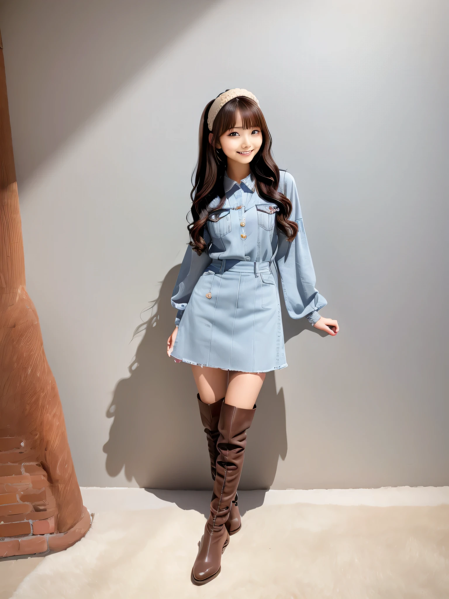 A woman wearing a dress and boots is taking a photo, high boots, full body!!, full body! cute face, Chiho, various poses, gray, full_body!!, knee-high boots, full body picture, casual pose, height: 155cm, full body cute young lady, full shot ( FS ), 8k!!, Straight long hairstyles, bangs, lips、out makeup、short eyelashes、looking at the viewer、lazy smile、realistic、High resolution、debris flies, highest quality, 8k, Beautiful woman、In detail