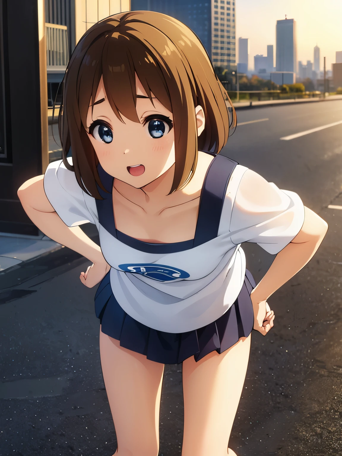 1girl, (((masterpiece))), top-quality, top-quality, High Details, Hirasawa Yui, 1girl, two yellow hairpin, short hair, A brown-haired, brown-eyed, 独奏, school clothes, underwear, bikini, thin blue ribbon, full body, full image, rainy weather, illustratio, comic strip, soothing tones, Subdued Color, Soft cinematic light, adobe lightroom, photolab, HDR, intricately and hyper-detailed、(((depth of fields))))。(((masterpiece)))。(((top-quality))).)((ultra-detailliert)))。(((illustratio)))。(((takeout))).dynamic focus.big breasts.(((Skyscrapers))).(((A city scape))).(((Face of happiness))). open mouth.(((put hands on the hip))).(((up chest))).((afternoon glow)).((the setting sun)).
