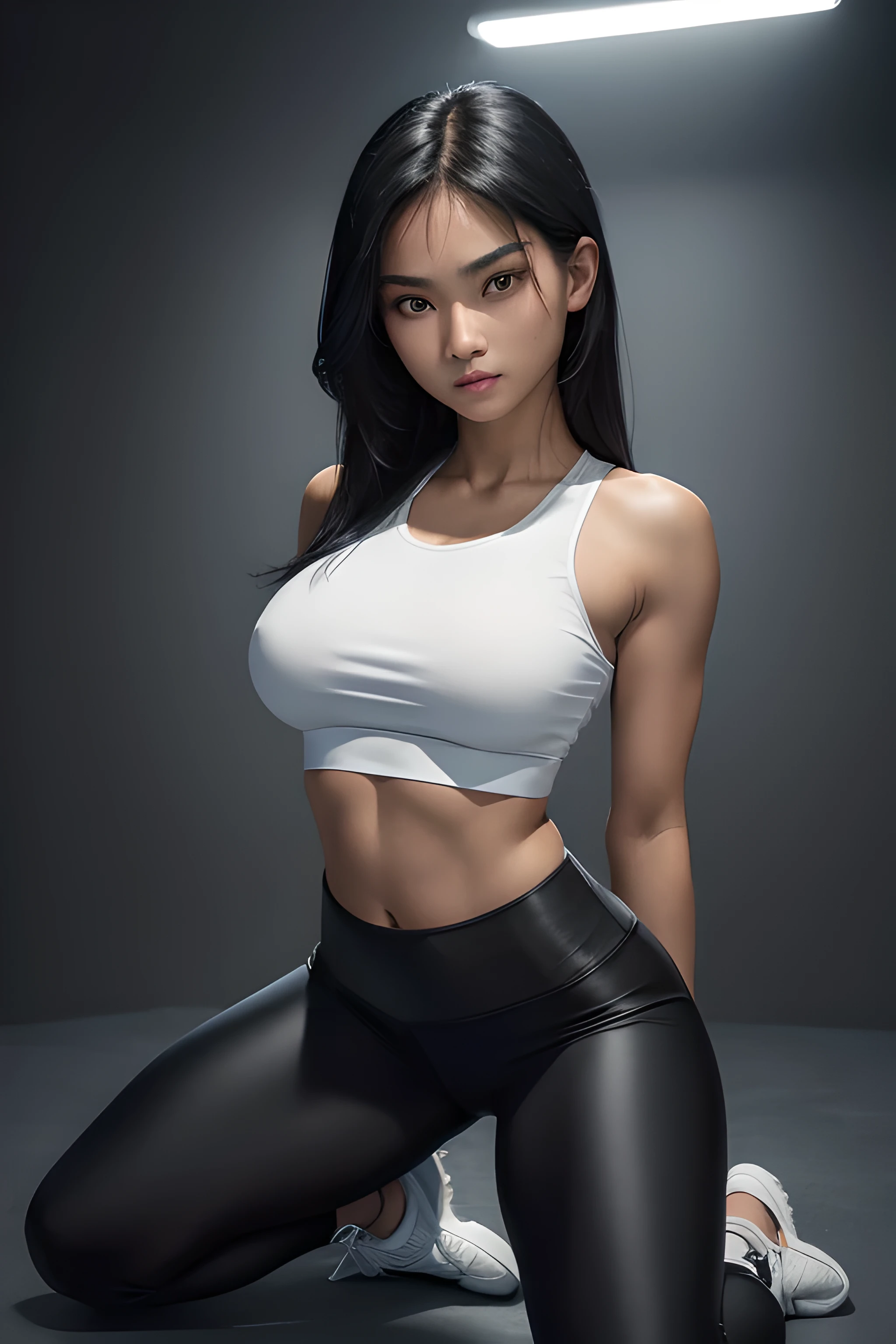 (ultra high definition), (ultra high definition), (full sharpness), (maximum quality), (Cinematic), (8k), ((Filipina woman)), ((extremely beautiful)), ((14 years old)), (alone), ((full body)), (ultra detailed face), (ultra detailed eyes), (ultra realist eyes), (athletic body), (delicate hands), (very detailed hands), (studio lighting), ((front view)), (confident half-smile), (soft skin), (very small breasts), (very big ass), (natural tan skin), (unique), (short raven-black hair), (totally realistic), ((always the same face)), ((repeat always the same face)), ((fierce and determined look)), ((always the same body)), ((always the same proportions)), ((showcases her athletic and agile physique)), ((looking at the camera)), ((wearing crop top and leggings)), (kneeling), (from behind)