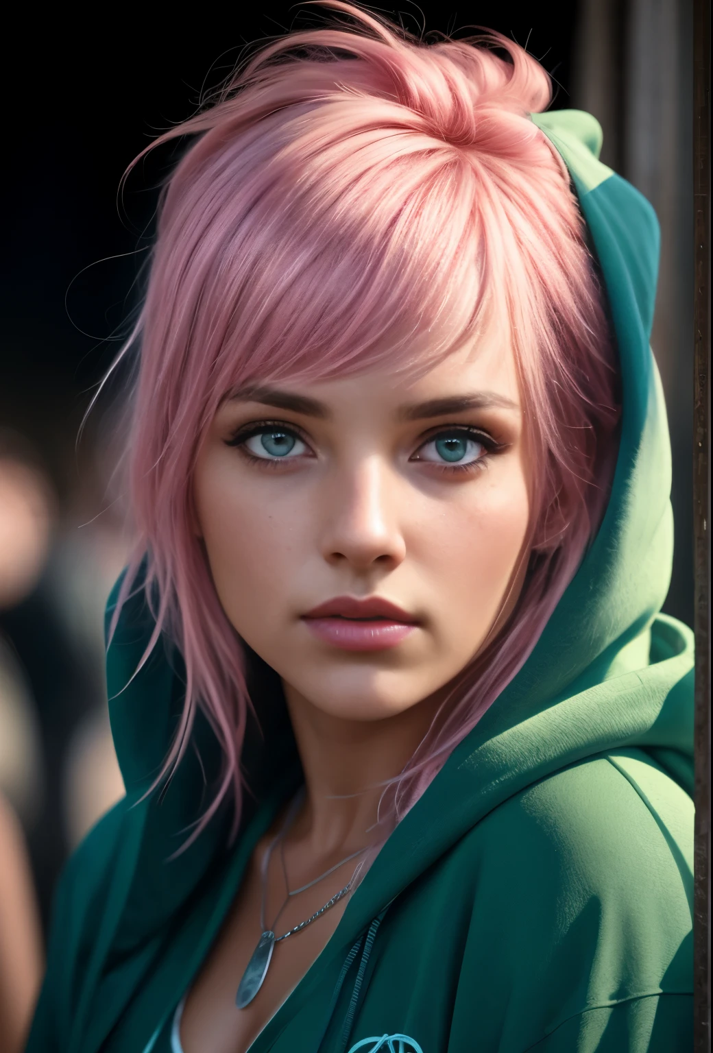 Women, age 19, (a costum an amazing Hoodie), Portrait, ( beautifully detailed eyes), (Reaslisticity: 1.4), Asymmetrical bangs, Adhesive bandage, Short hair, bangs, Breasts, freckle, green eyes, Large breasts, view the viewer, Piercing on the nose, (Pink hair) , Solo, Upper body, Detailed background, (background a music festival with crowd), Photorealistic, Photo, Masterpiece, Realistic, Realism, Photorealism, High contrast, photorealistic digital art trending on Artstation 8k HD high definition detailed realistic, Detailed, Skin texture, ultra - detailed, Realistic skin texture, armature, Best quality, (Photorealistic:1.4), high resolution, Detailed, RAW photo, Sharp Re, author:Lee Jeffries Nikon D850 Film Stock Photo 4 Kodaport 400 Camera F1.6 lens rich colors hyper realistic lifelike texture dramatic lighting unrealengine trending on artstation cinestill 800,