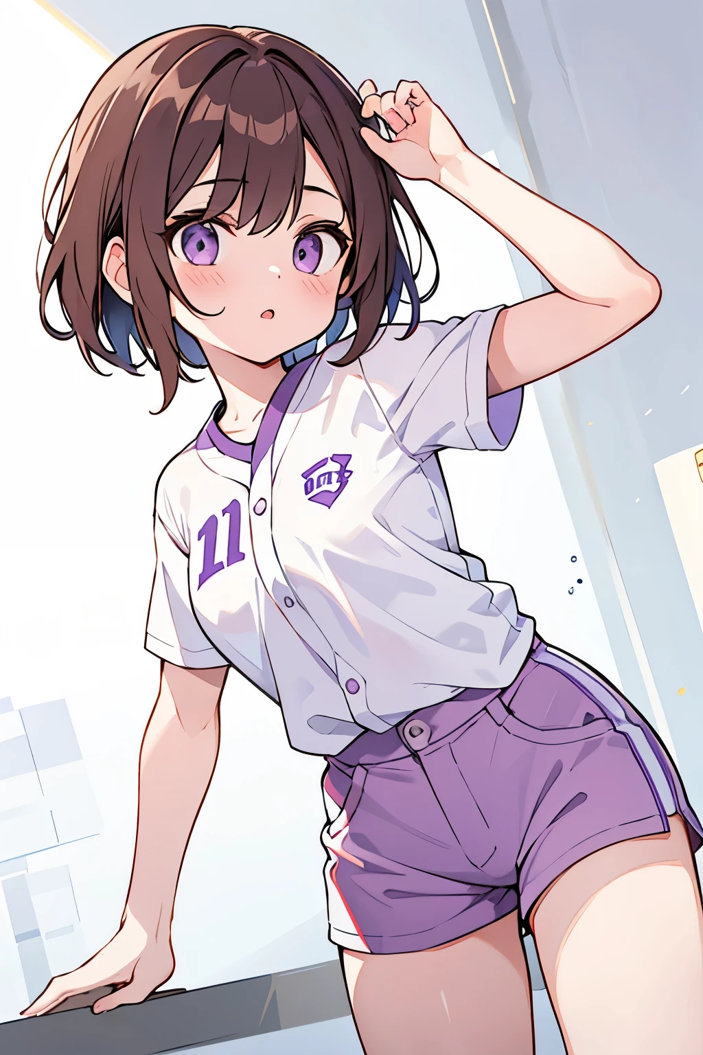 1 girl , short brown hair ,light purple eyes, 走base,white baseball shirt , １base, powerful sliding,8K texture , super resolution , looking at the viewer