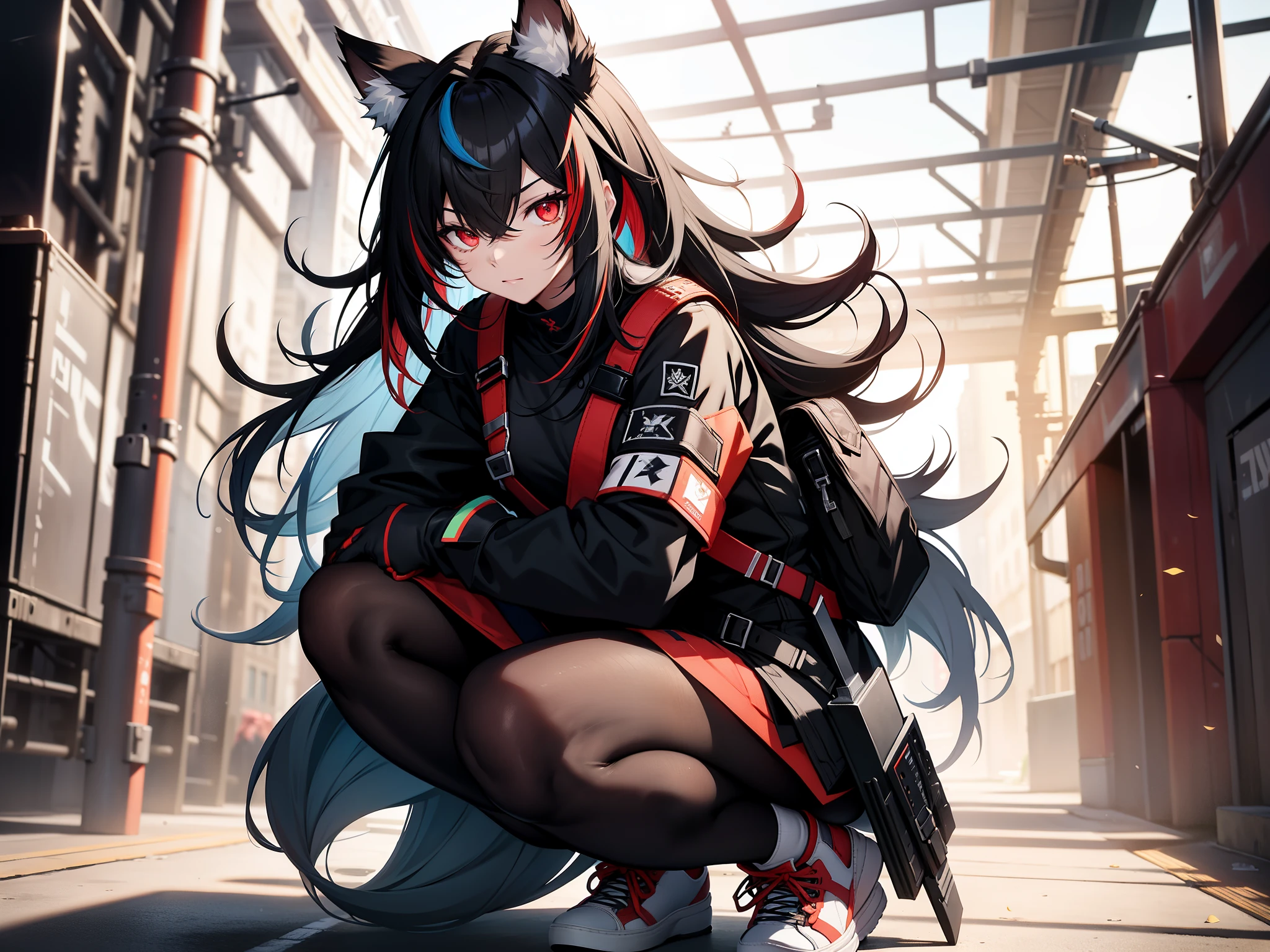 1girl, animal ear fluff, animal ears, bangs, black hair, black pantyhose, black shirt, colored inner hair, fur trim, gloves, hair between eyes, holding, holding sword, holding weapon, jacket, long hair, long sleeves, multicolored hair, official alternate costume, one knee, open clothes, pantyhose, red eyes, red gloves, red hair, shirt, shoes, shorts, shoulder strap, sneakers, solo, sword, texas \(arknights\), two-tone hair, weapon, white footwear, white jacket, wolf ears