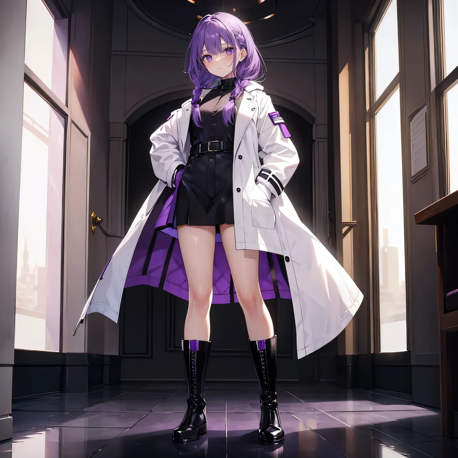 purple hair，purple eyes，braids，white coat，black pantyhose，leather boots，no shoes，standing in the room