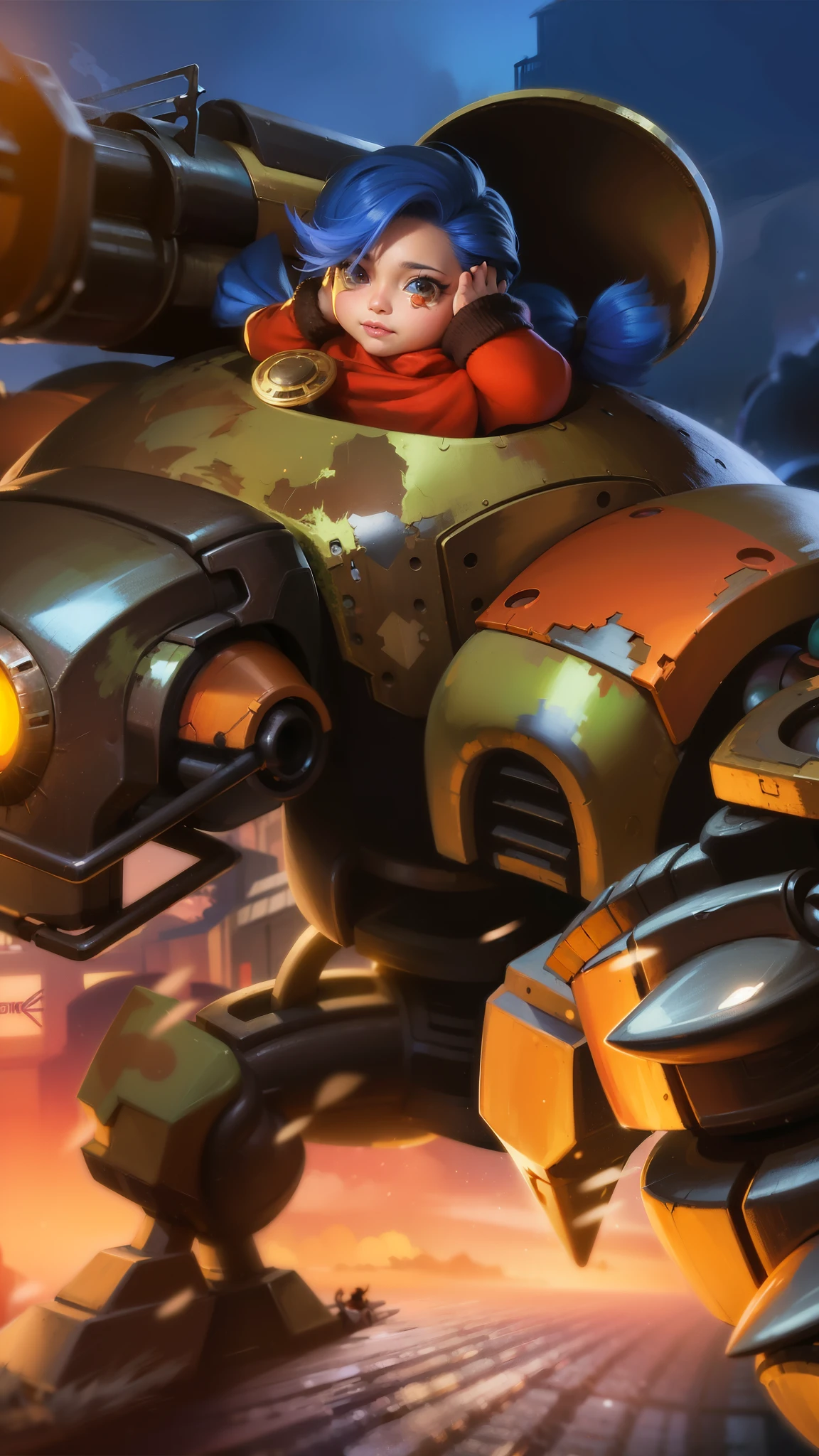 best quality, (semirealism:1.9), beautiful lighting, (extremely detailed CG unity 4k fhd wallpaper), High Detail, Sharp focus, dramatic outdoors, blue short hair, there is a woman riding a giant robot with a light on, orianna, teemo, bastion game, bastion, bastion from overwatch, inspired by Jules Chéret, league of legends style art, teemo from league of legends, battle chasers, g liulian art style, piltover, official splash art, league of legends art style.