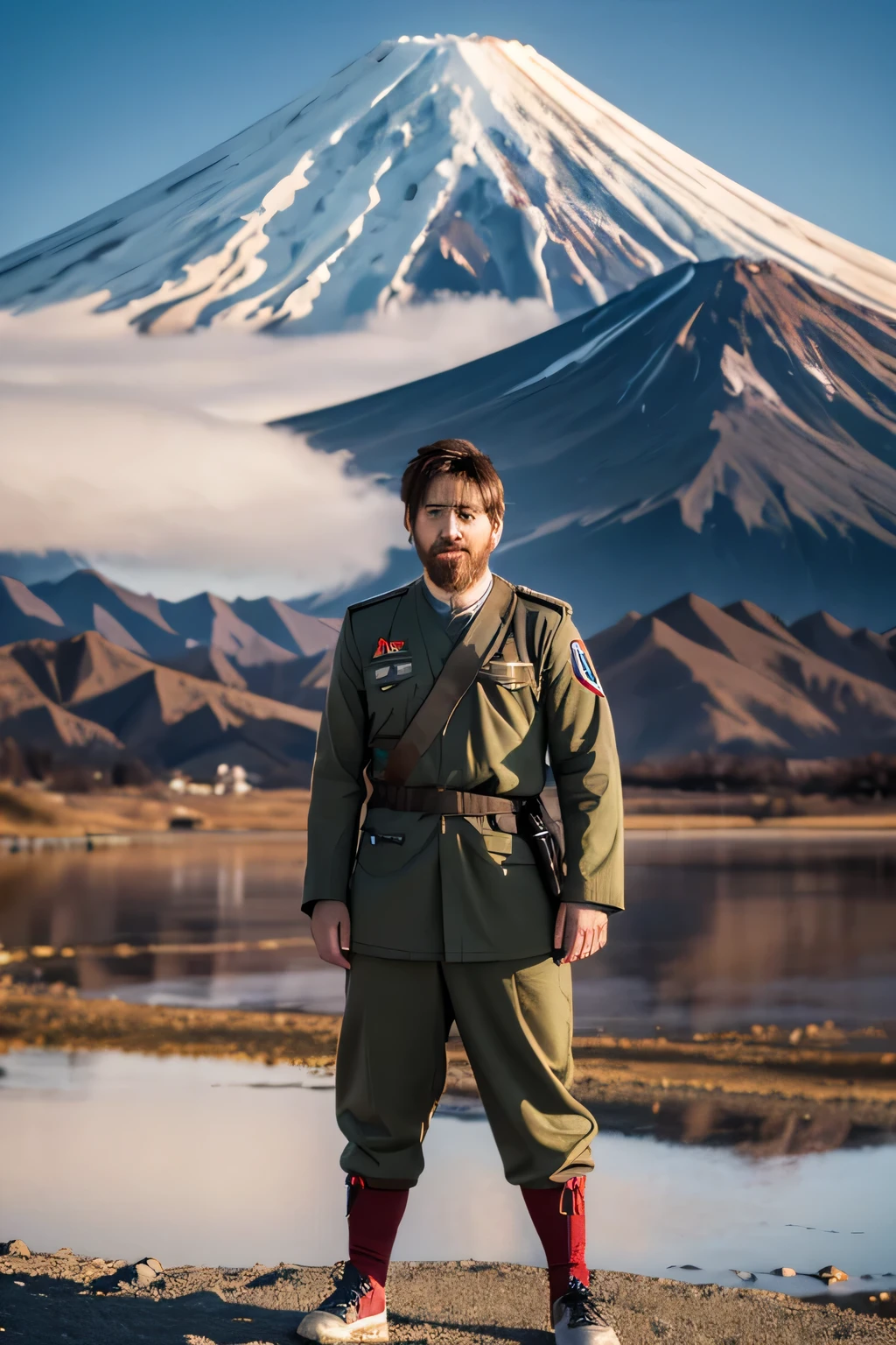 Professional photo of Lionel Messi standing at the foot of Mount Fuji,With a toothbrush beard, Wearing a Japanese soldier uniform, Staring into the camera, focus on his face, actual, DSRL, Canon, Sony