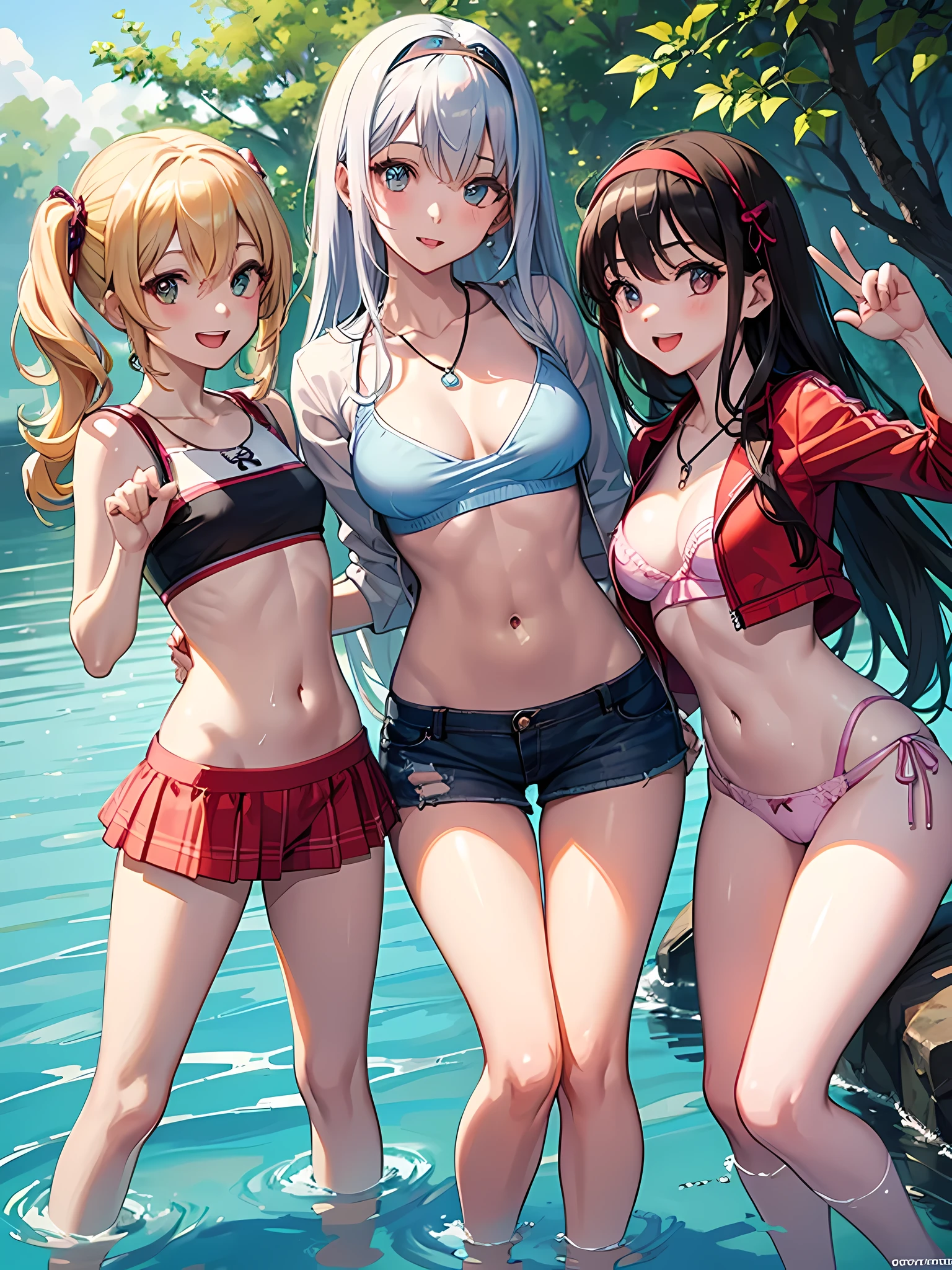 ((highest quality)), ((masterpiece)), (), (3 girls:1.3), cute three girls are posing for a camera outdoors in the water, shirtをつかむ, stand in line, (Close-up shot from the knee:1.3), perfect face, smile, (open your mouth and smile:1.3), embarrassed look, (precise fingers:1.3), hair band, head band, hair bobble, blouse, shirt, I can see your underwear, (pastel colored underwear), high resolution eyes, accurate eyes, (high resolution eyes:1.8), (High definition finger 1.8), light smile, small chest, chest, realistic, 4-year-old, 5 yeold, ears ols old, knee s short skirt, Asian, Westerners, silver hair, brown hair, blonde, belly button, jewelry, looking at the viewer, necklace, water, , Wet, long hair, short hair, abs,