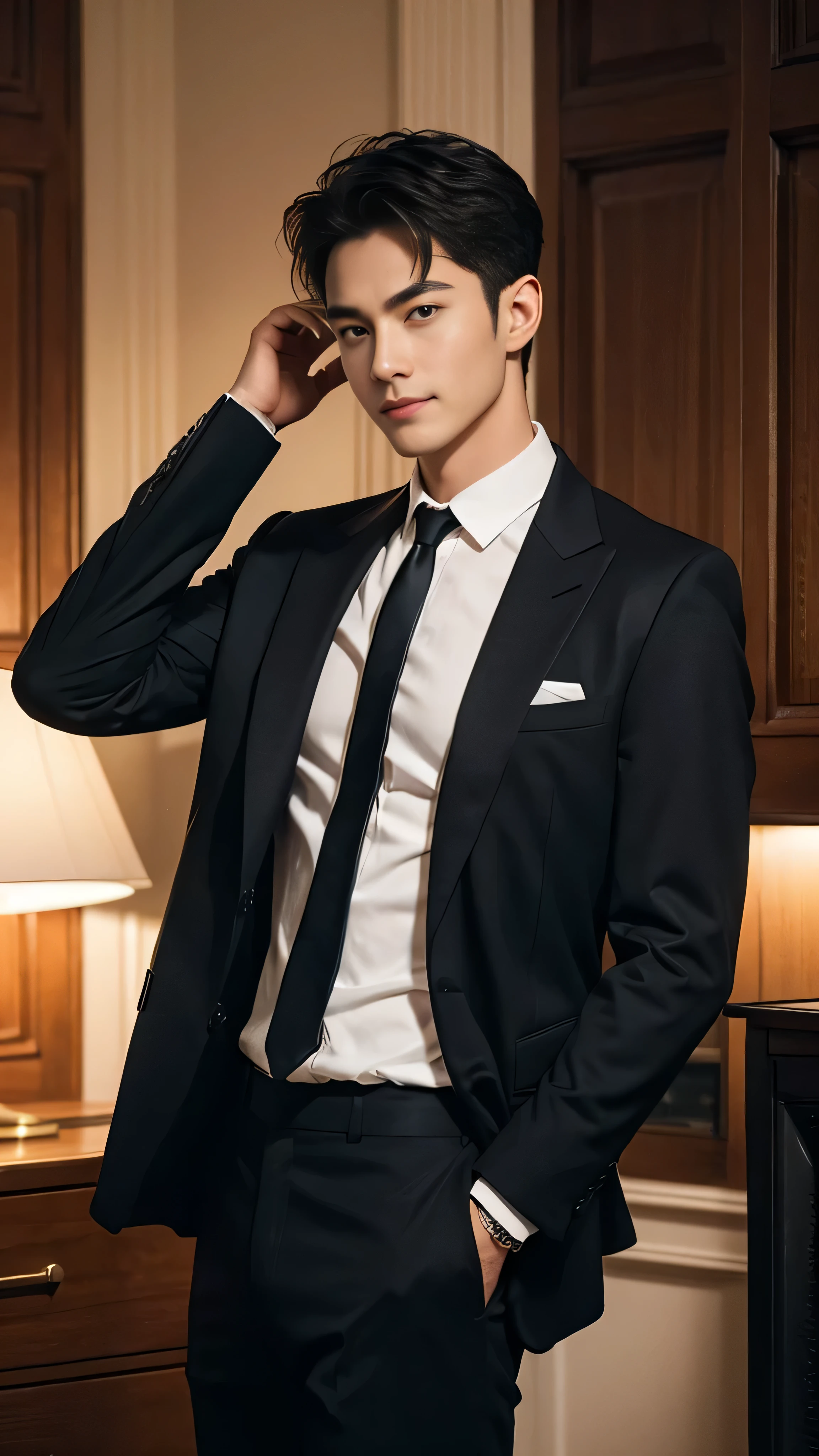 ((Men)), (head shot), (frontal face), (half body view), (Handsome muscular man in his 30s wearing black luxury suit with black necktie), zi wang (prince chiu), Mischievous smile, (detail: 1 in 1), Natural muscles, HIG quality, beautiful eyes, (Detailed face and eyes), (Face、: 1 / 2), Noise, Real Photographics, ... ...................................................................................................PSD, Sharp Focus, High resolution (8K), realistic & Professional Photography, 8K UHD, Soft lighting, High quality, Film grain, FujifilmXT3