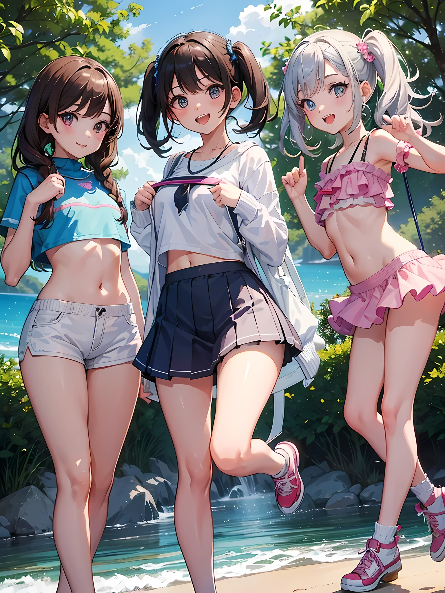 ((highest quality)), ((masterpiece)), (Cute baby girl), (3 girls:1.3), cute three girls are posing for a camera outdoors in the water, shirtをつかむ, stand in line, (Close-up shot from the knee:1.3), perfect face, smile, (open your mouth and smile:1.3), embarrassed look, (precise fingers:1.3), hair band, head band, hair bobble, blouse, shirt, I can see your underwear, (pastel colored underwear), high resolution eyes, accurate eyes, (high resolution eyes:1.8), (High definition finger 1.8), light smile, small chest, chest, realistic, 4-year-old, 5 years old, 6 years old, 7 years old, knee socks, short skirt, Asian, Westerners, silver hair, brown hair, blonde, belly button, jewelry, looking at the viewer, necklace, water, , Wet, long hair, short hair, abs,