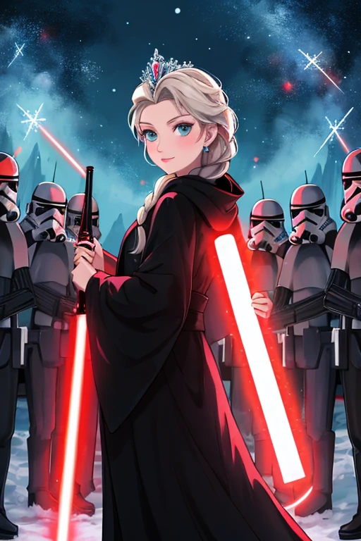 Elsa princess from Frozen dressed in a black Sith robe and holding a red Star Wars-style lightsaber in her hands, with the clone army in the background