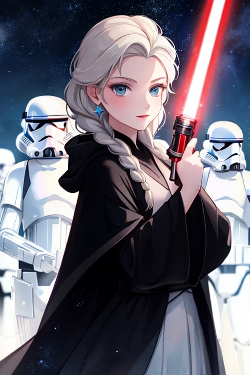 Elsa princess from Frozen dressed in a black Sith robe and holding a red Star Wars-style lightsaber in her hands, with the clone army in the background