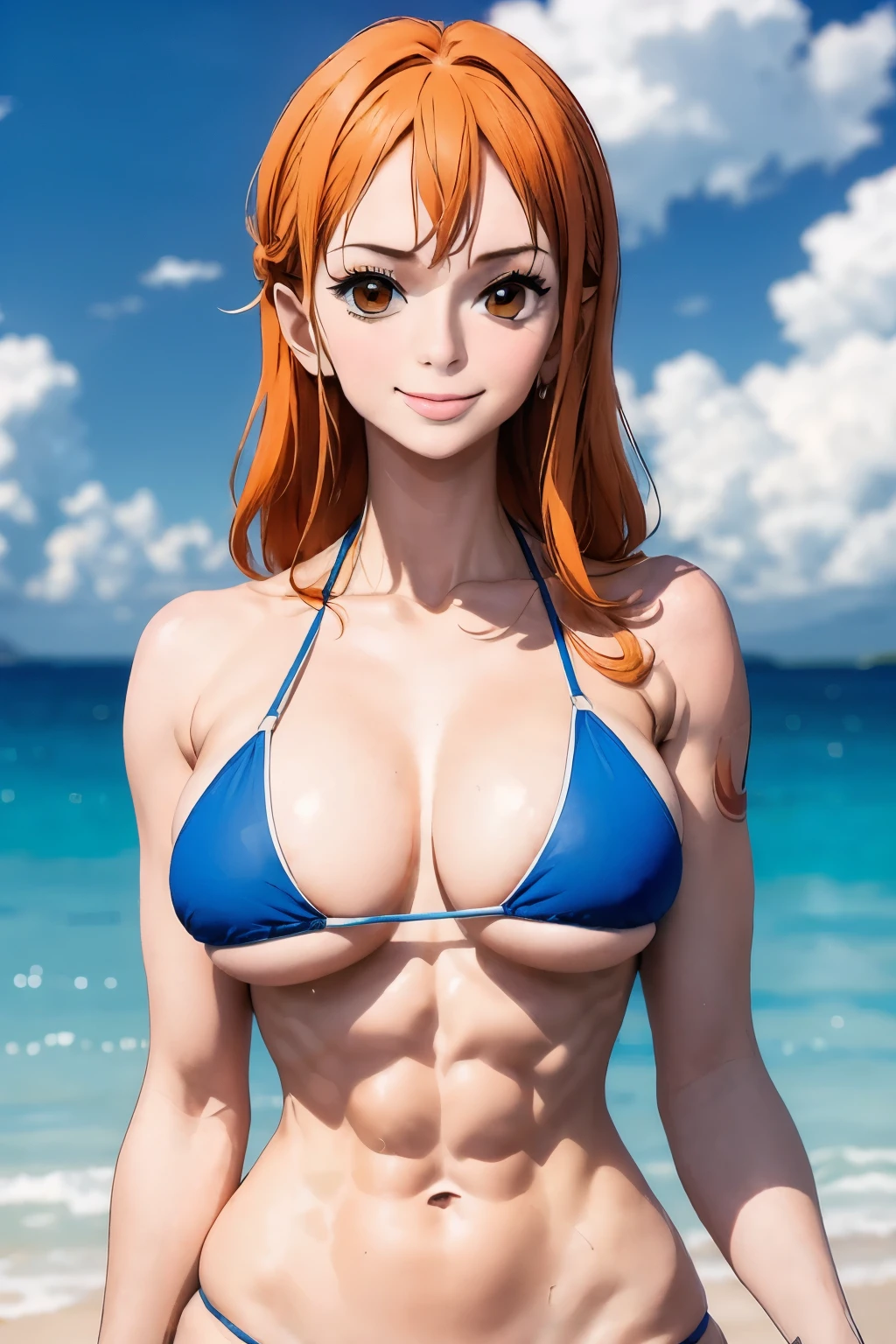 best quality, masterpiece, over the sea,1girl, (abs:1.3), orange hair, blue bikini, muscular, tattoo on shoulder, smile, (big breasts:1.3)