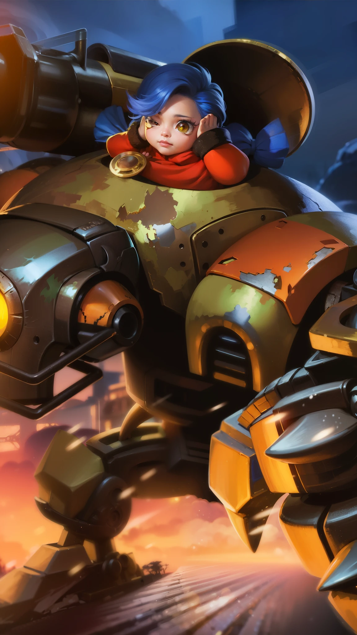 best quality, (semirealism:1.9), beautiful lighting, (extremely detailed CG unity 4k fhd wallpaper), High Detail, Sharp focus, dramatic outdoors, blue short hair, there is a woman riding a giant robot with a light on, orianna, teemo, bastion game, bastion, bastion from overwatch, inspired by Jules Chéret, league of legends style art, teemo from league of legends, battle chasers, g liulian art style, piltover, official splash art, league of legends art style.