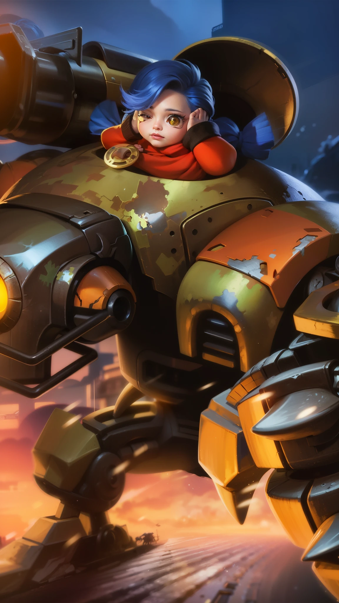best quality, (semirealism:1.9), beautiful lighting, (extremely detailed CG unity 4k fhd wallpaper), High Detail, Sharp focus, dramatic outdoors, blue short hair, there is a woman riding a giant robot with a light on, orianna, teemo, bastion game, bastion, bastion from overwatch, inspired by Jules Chéret, league of legends style art, teemo from league of legends, battle chasers, g liulian art style, piltover, official splash art, league of legends art style.