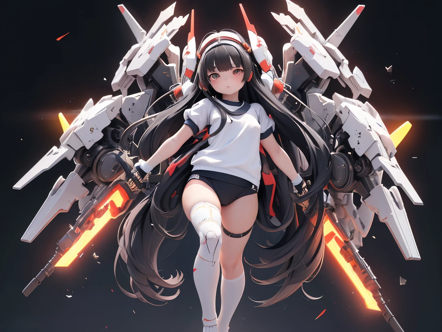 (highest quality)), ((masterpiece)), (very detailed: 1.3), 3D, {(1 young girl)}, (wear navy buruma and white gym uniform with colored hem under armor:1.2), (black hair:1.5), wears a futuristic Gundam mecha,(heavy armored Gundam), with headgear, with v-fin , armored shoulders,armored under arms, armored under legs, short sleeve, attached 2 huge weapons on arms, legs mounted weapon module, multilayer textureperfect proportions, octane rendering, duotone lighting, Low ISO, wide aperture, White balance, Rule of thirds, ultra HD16k, HDR (High Dynamic Range), Ray Tracing, NVIDIA RTX, Super Resolution, Subsurface Scattering, PBR Texturing, Post Processing, Anisotropic Filtering, Depth of Field, Maximum Clarity and Clarity, High efficiency subpixel, subpixel convolution, particles of light, light scattered, Tyndall effect,  In battle, cute, (cute:1.2), (long hair:1.3),太い眉毛, 薄い色の虹彩, 大きくて輝いている黒い瞳, 長いまつげ, 小さく薄い色の自然な唇, (Average face of Japanese idols), (日本人特有の童顔:1.3), (baby face), 広いおでこ:1.2, ふっくらした頬, 小さな顎, in the hangar,looking at viewer,Focus on the eyes 