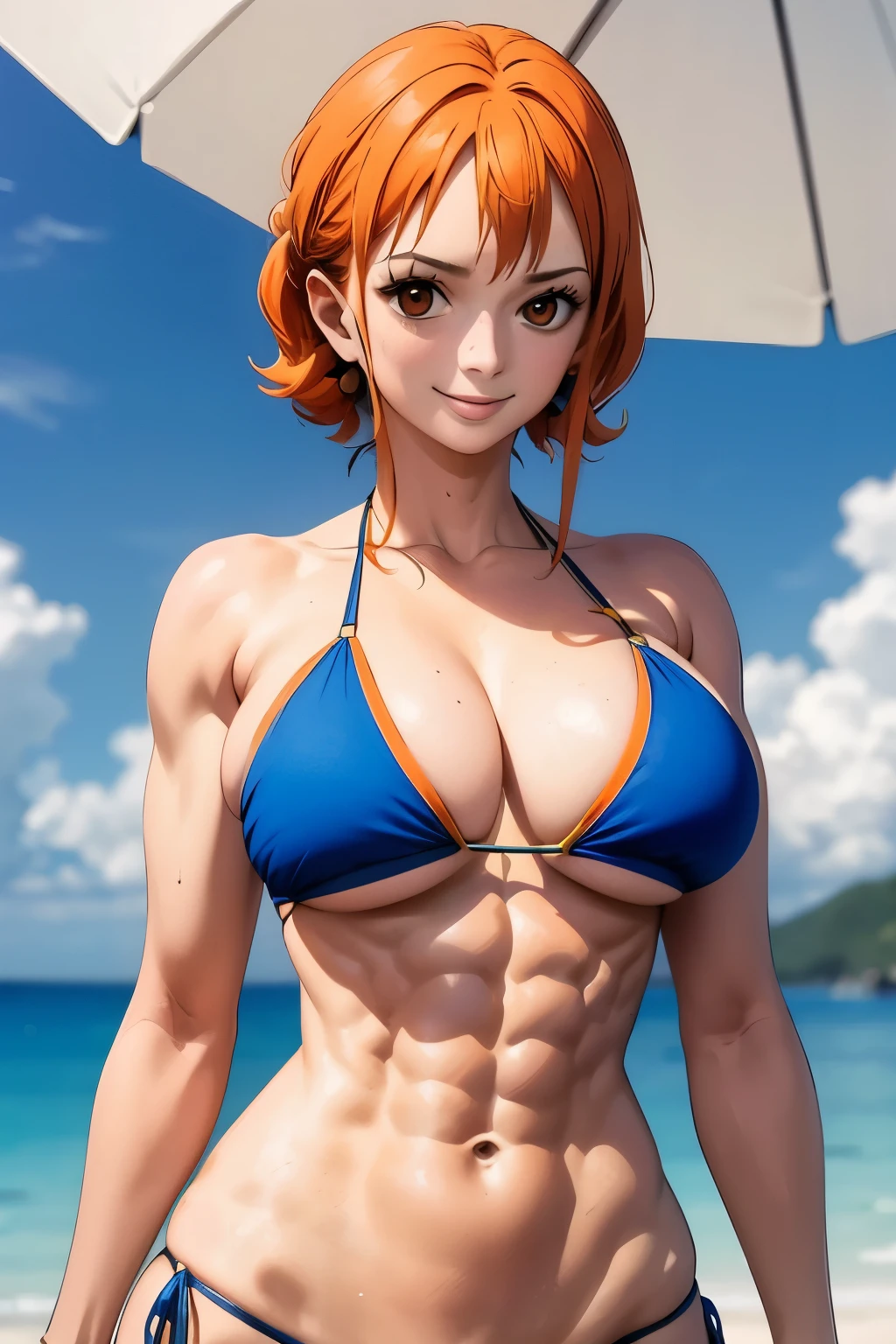 best quality, masterpiece, over the sea,1girl, (abs:1.3), orange hair, blue bikini, muscular, tattoo on shoulder, smile, (big breasts:1.3), upper body