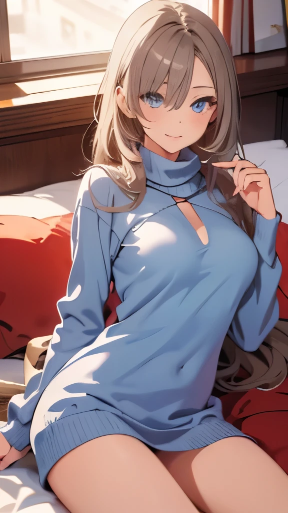 (masterpiece、high quality、high resolution、4K image), transparent eyes、detailed eyes、detailed face、detailed person、turtleneck sweater dress、clothes that kill virginity、Virgin killer sweater、on the bed、Blue archive ichinose asuna, highlight、grayscale