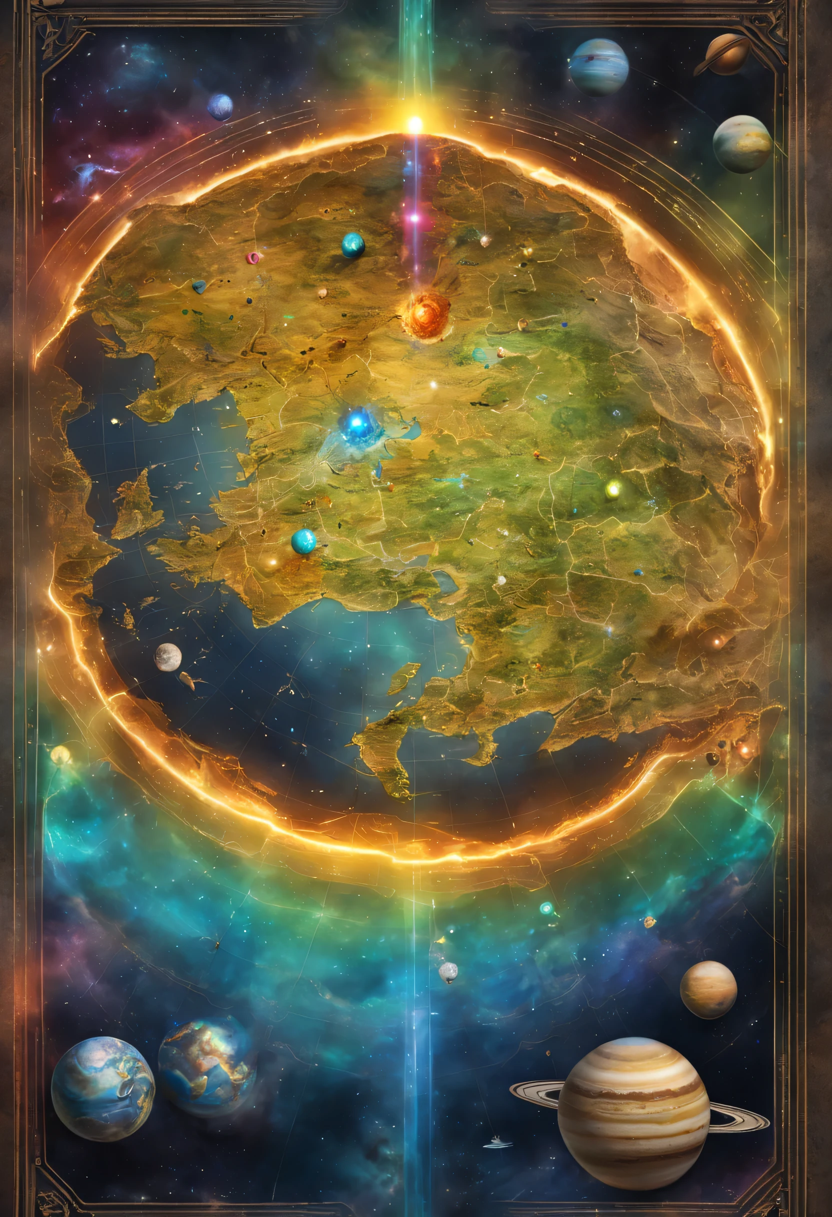 top view of a holographic magical map (3D, solar system), torn and worn, map looks to be floating off the paper, sitting on a wizard's desk, magical multicolored ink, high quality, imagination, 8k, fantasy art, vivid magical colors, style-paintmagic,
