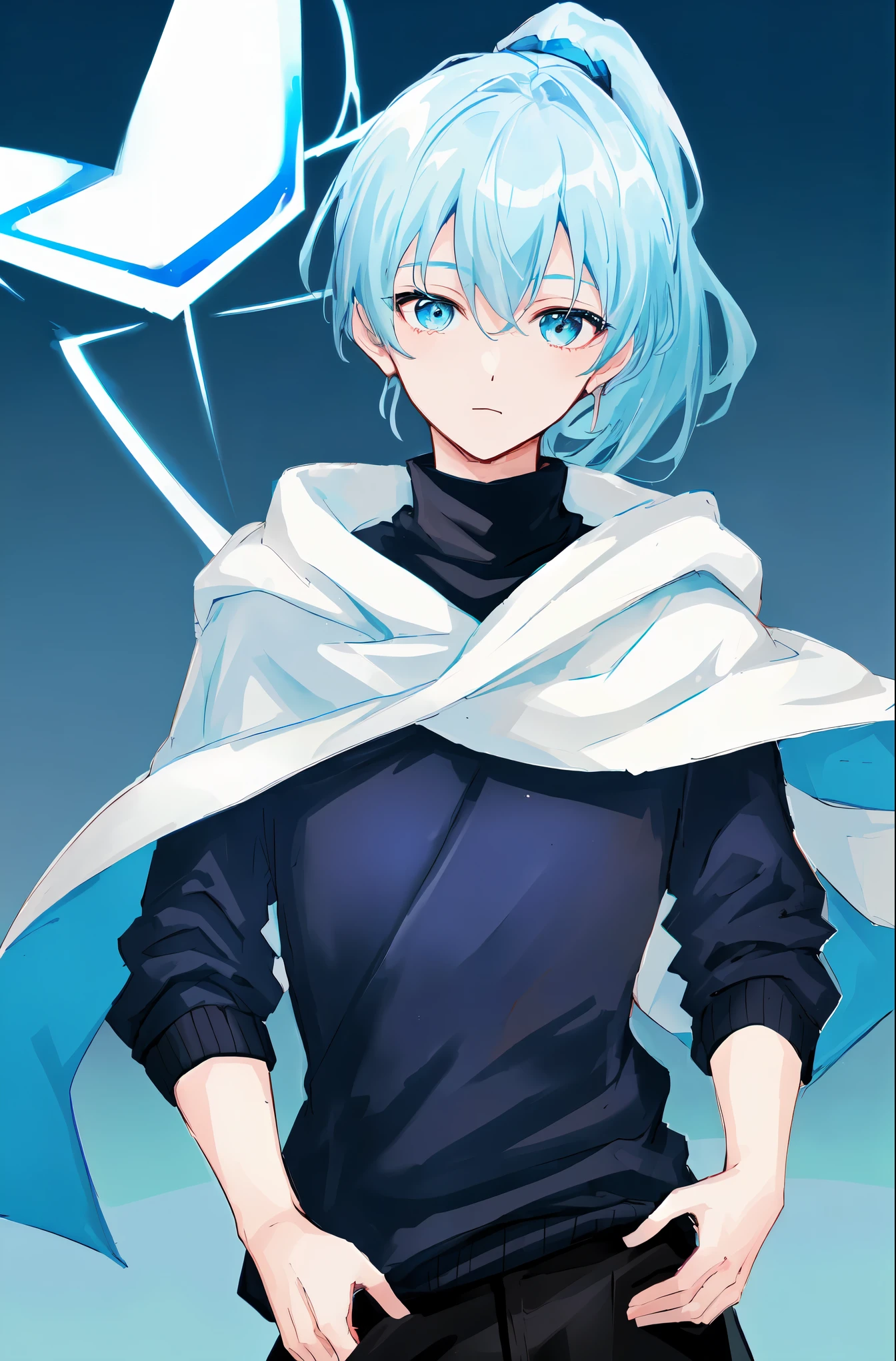 (((Ultra-HD-quality-details, relaxed))) emphasized-details:2, 1boy, turtleneck-sweater, pants, cloak, (((light-blue-hair, high-ponytail, light-blue-eyes)))