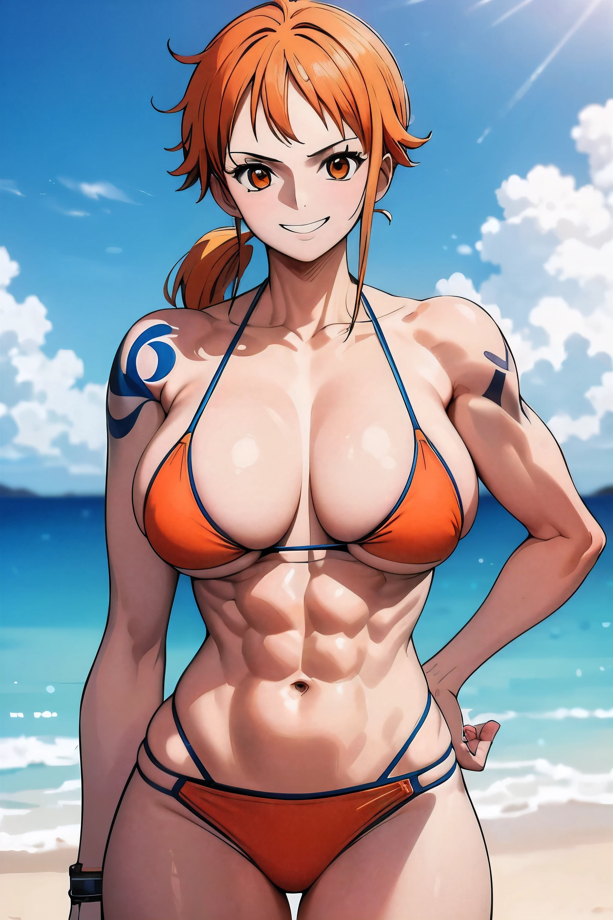 highest quality, masterpiece, across the sea,1 girl (abs:1.3), orange hair, blue bikini, muscular, shoulder tattoo, smile, (big breasts:1.3)