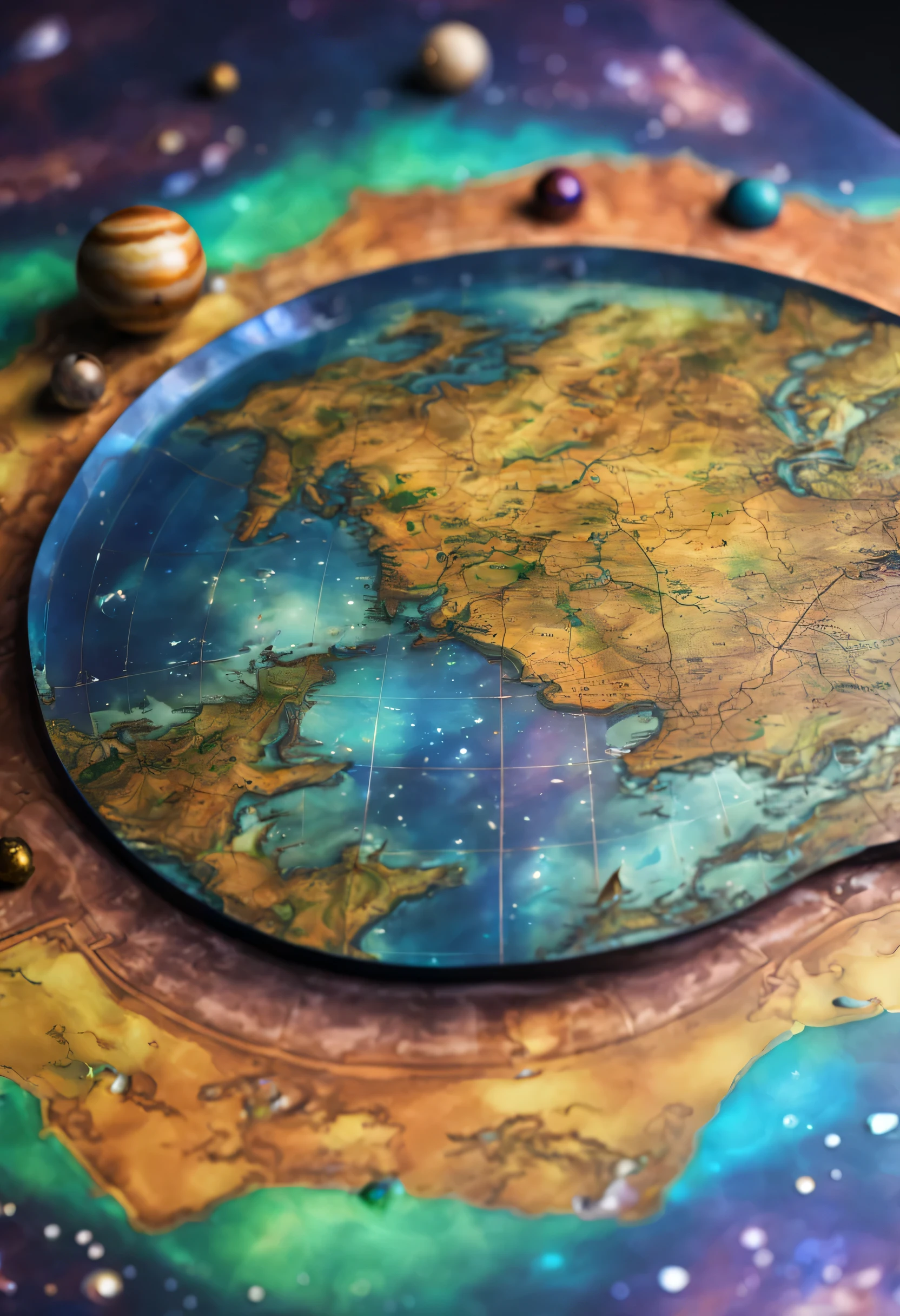 top view of a holographic magical map (3D, solar system), torn and worn, map looks to be floating off the paper, sitting on a wizard's desk, magical multicolored ink, high quality, imagination, 8k, fantasy art, vivid magical colors, style-paintmagic,
