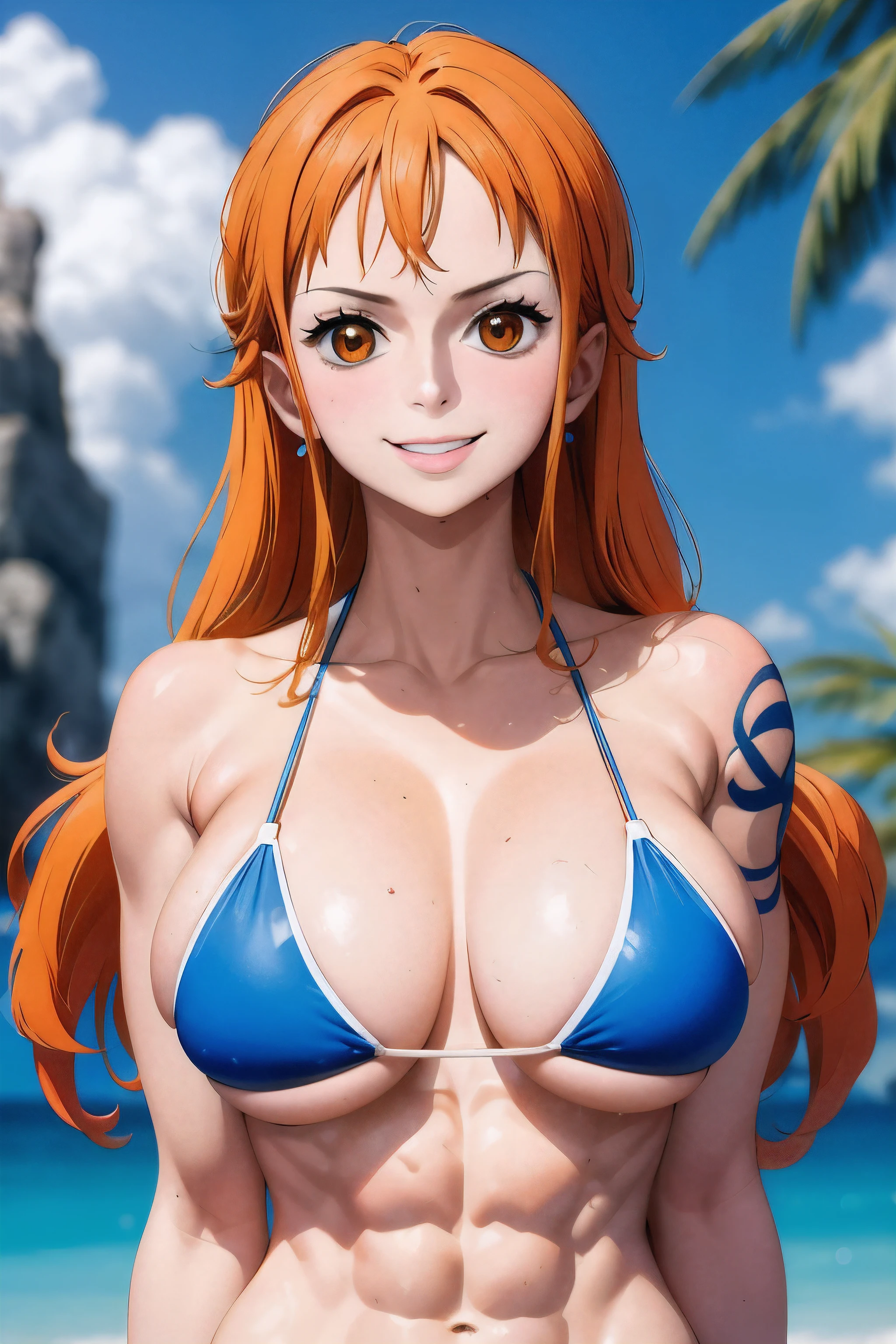 highest quality, masterpiece, across the sea,1 girl, (abs:1.3), orange hair, blue bikini, muscular, shoulder tattoo, smile, (big breasts:1.3)