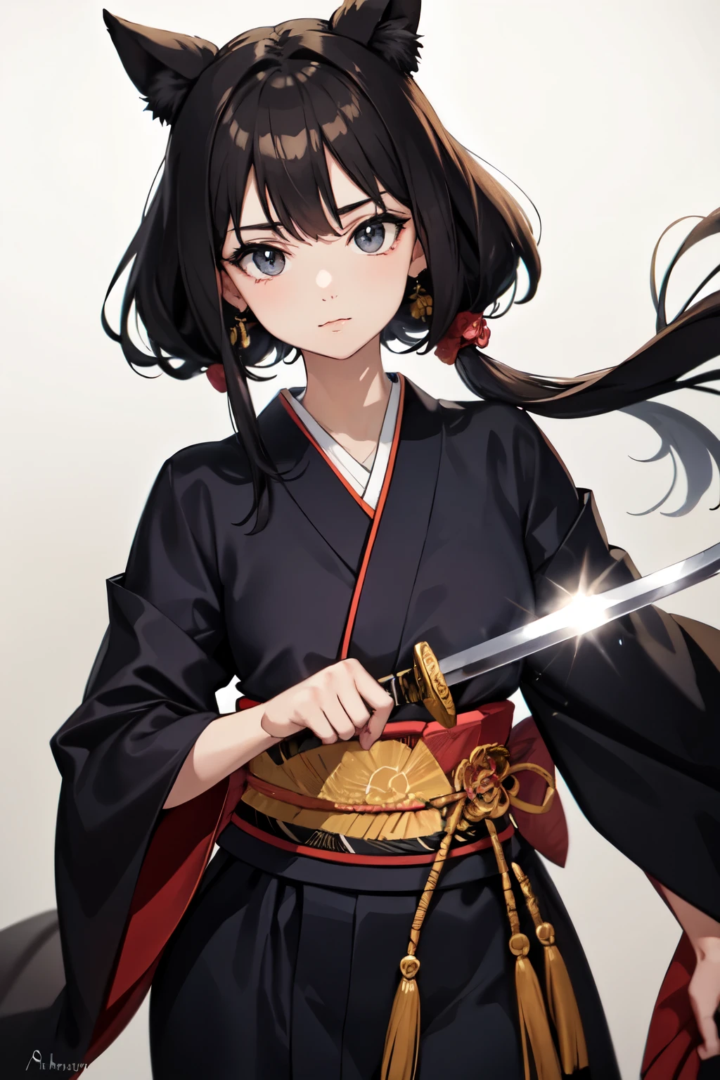((melhor qualidade)), ((obra de arte)), (detalhado), (Homem), rosto perfeito, olhos azuis, forte, kimono preto, sword in hands