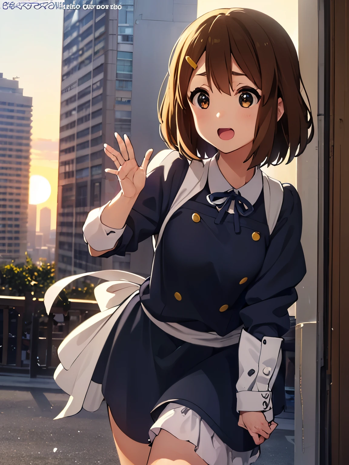 1girl, (((​masterpiece))), top-quality, top-quality, High Details, Hirasawa Yui, 1girl, two yellow hairpin, short hair, A brown-haired, brown-eyed, 独奏, maid cafe clothes, underwear, bikini, full body, full image, rainy weather, illustratio, comic strip, soothing tones, Subdued Color, Soft cinematic light, adobe lightroom, photolab, HDR, intricately and hyper-detailed、(((depth of fields))))。(((​masterpiece)))。(((top-quality))).)((ultra-detailliert)))。(((illustratio)))。(((takeout))).dynamic focus.big breasts.(((Skyscrapers))).(((A city scape))).(((Face of happiness))). open mouth.(((put hands on the hip))).(((up chest))).((afternoon glow)).((the setting sun)).