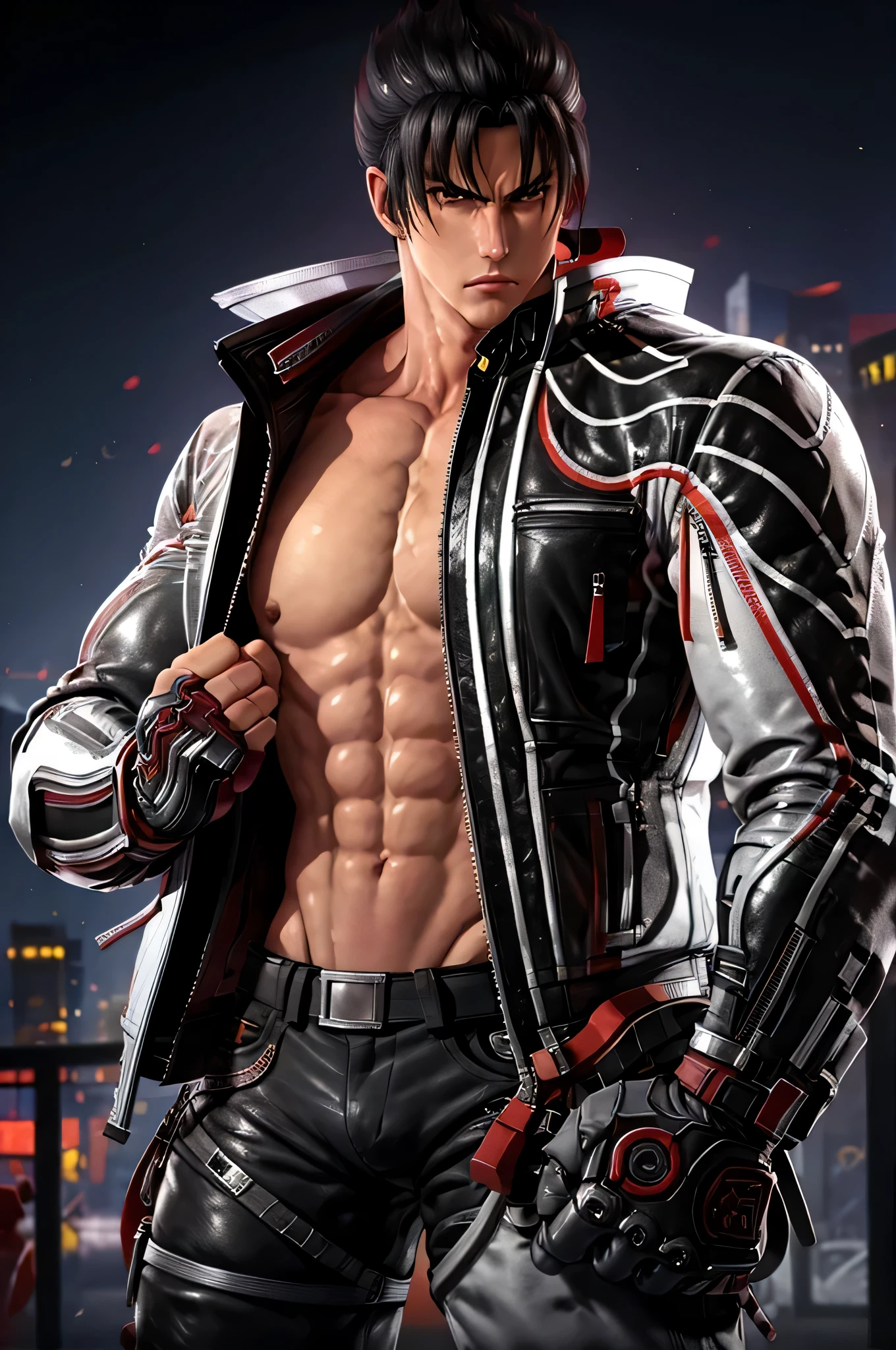 male focus, jin kazama, jacket, zipper, fighting stance, pants, fingerless gloves, shirt, boots, upper body masterpiece, best quality, absurdres,