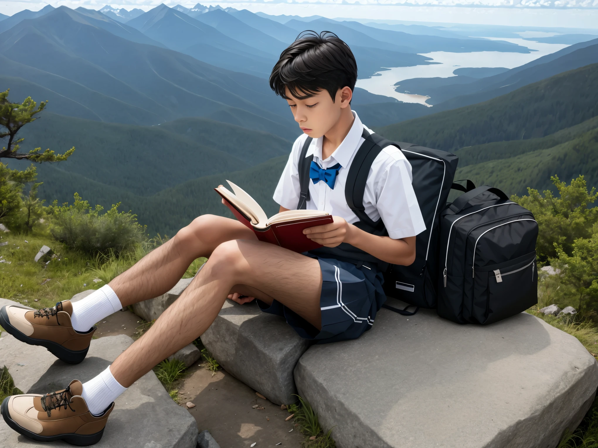 a school boy, sitting on the mountain, reading book,