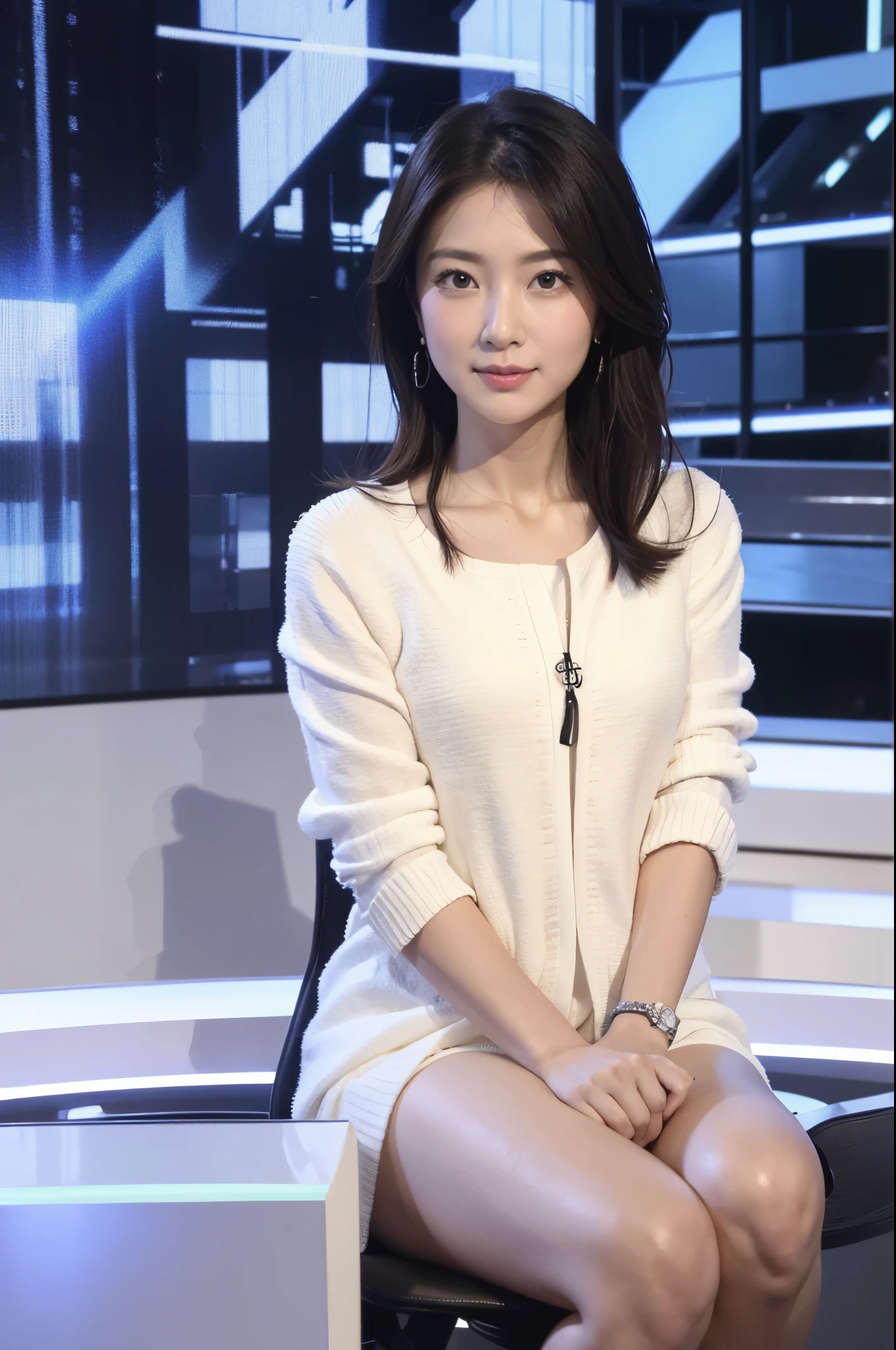 masterpiece, best quality, extremely detailed, hyperrealistic, photorealistic, a pretty announcer, a detailed studio, during the news program, sitting, ultra detailed face