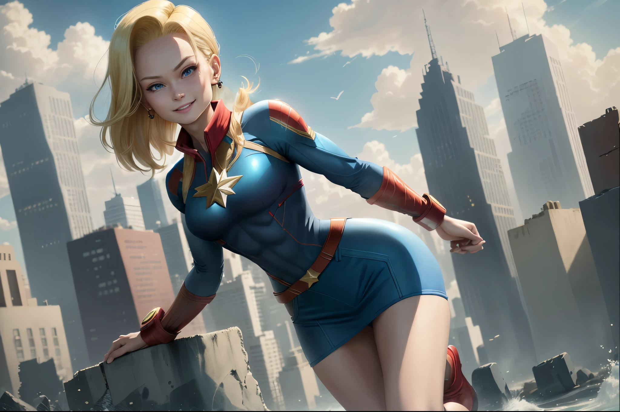 best quality, highres, and18, 1girl, android 18, solo girl, blonde hair, blue eyes, captain marvel, belt, blue and red full length plugsuit, long pilot scarf, blue long sleeve shirt, blue lycra micro skirt, earrings, red gloves, medium breasts, cowboy shot, city view, straight-on, (weather: windy), sexy smile, battle ruins, striped panties,