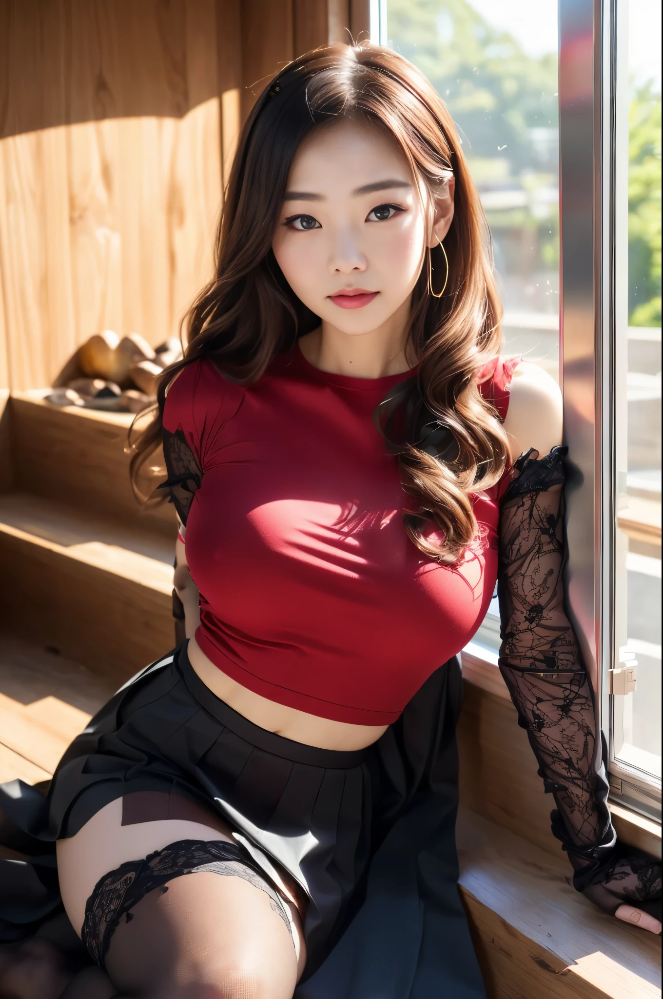 real、8k、Master Bees、A woman wearing a red top is sitting on the window sill, black net high knee stockings、skirt, ( ( stop 4 # ) ), , sakimichan, ❤🔥🍄🌪, realな若手グラビアアイドル, sakimi chan, stop 4 *, stop 4, pretty face with arms and legs, shikamimi