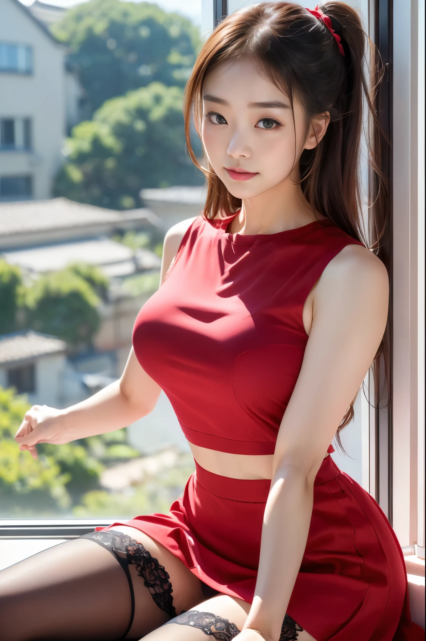 real、8k、Master Bees、A woman wearing a red top is sitting on the window sill, black net high knee stockings、skirt, ( ( stop 4 # ) ), , sakimichan, ❤🔥🍄🌪, realな若手グラビアアイドル, sakimi chan, stop 4 *, stop 4, pretty face with arms and legs, shikamimi