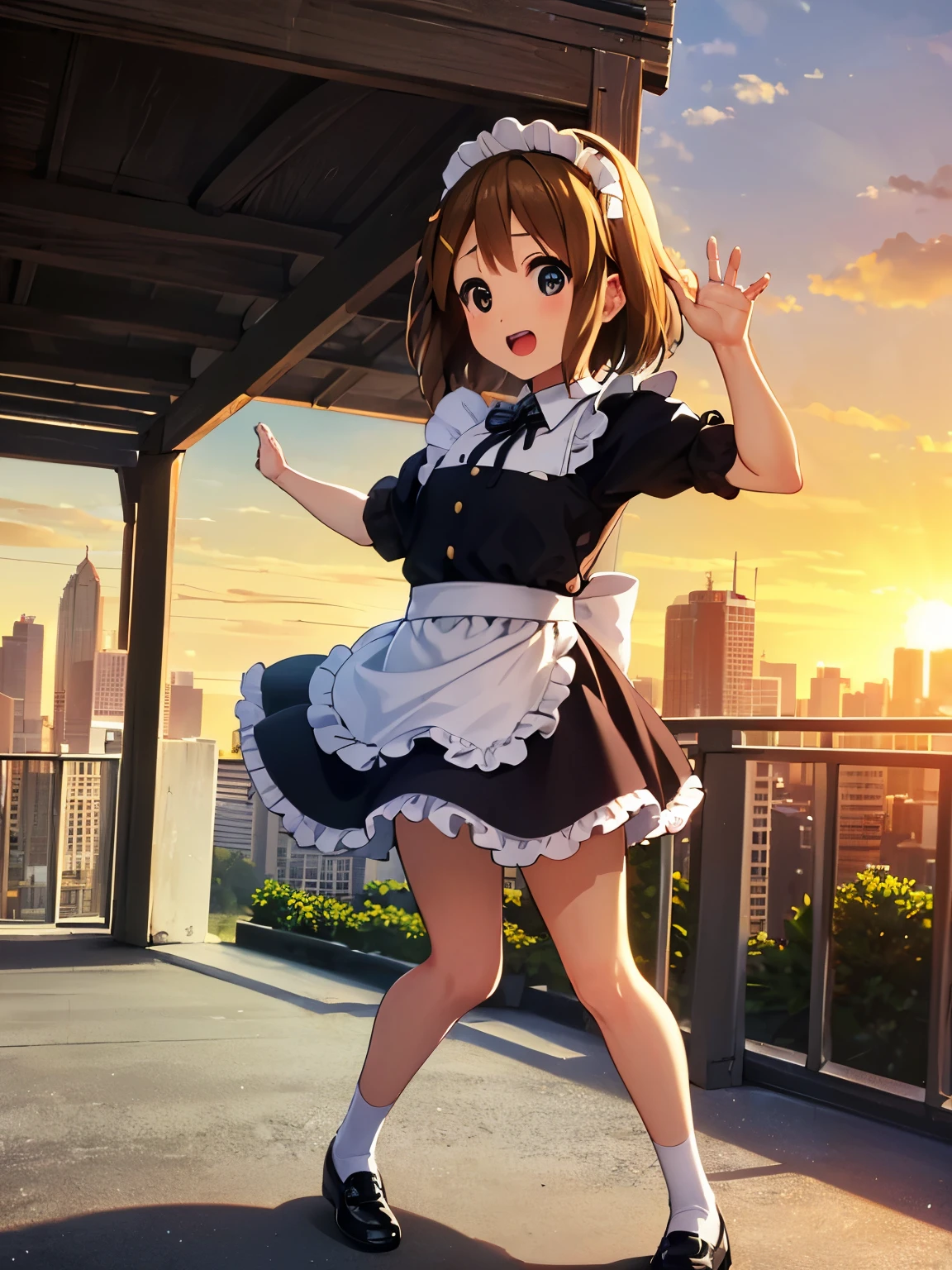 1girl, (((masterpiece))), top-quality, top-quality, High Details, Hirasawa Yui, 1girl, two yellow hairpin, short hair, A brown-haired, brown-eyed, 独奏, maid cafe clothes, underwear, maid cafe uniform, full body, full image, rainy weather, illustratio, comic strip, soothing tones, Subdued Color, Soft cinematic light, adobe lightroom, photolab, HDR, intricately and hyper-detailed、(((depth of fields))))。(((masterpiece)))。(((top-quality))).)((ultra-detailliert)))。(((illustratio)))。(((takeout))).dynamic focus.big breasts.(((Skyscrapers))).(((A city scape))).(((Face of happiness))). open mouth.(((put hands on the hip))).(((up chest))).((afternoon glow)).((the setting sun)).